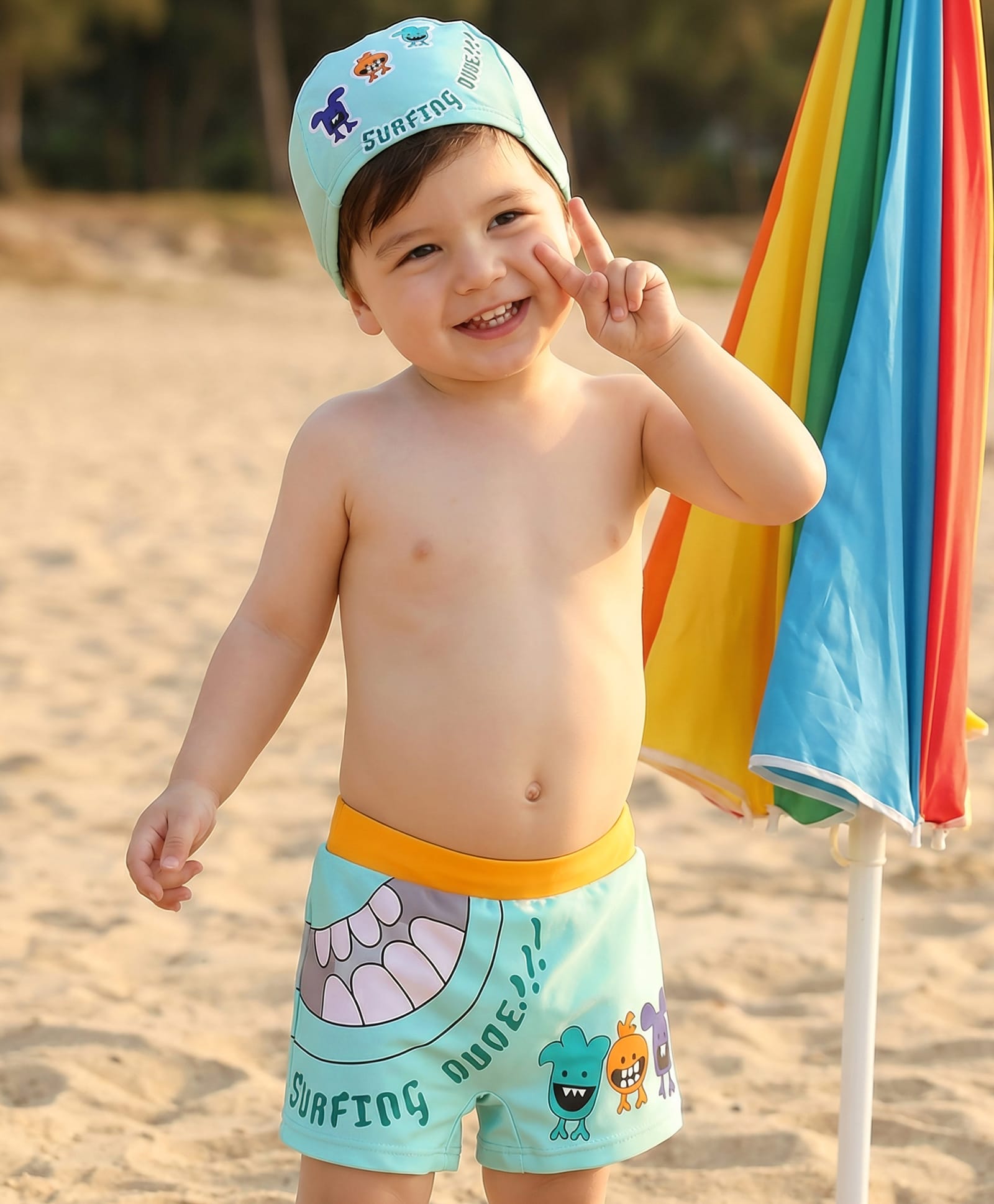 Babyhug Swimming Trunk With Animal Print & Cap - Sea Green-image-38
