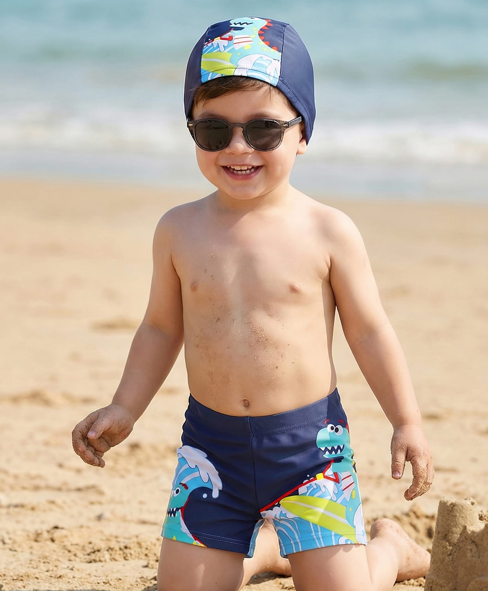 Babyhug Swimming Trunk With Dino Print & Cap - Navy Blue-image-35