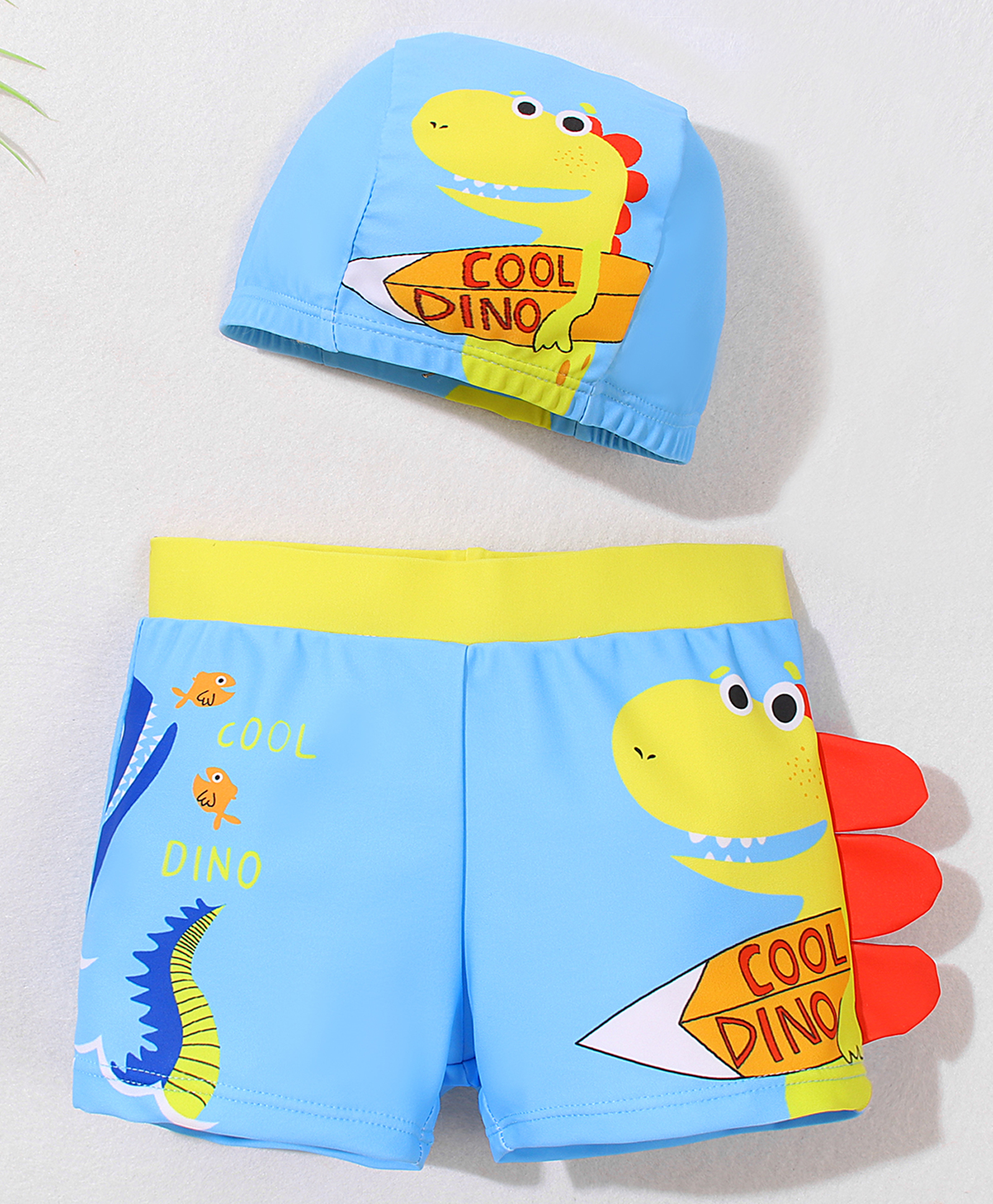Mark & Mia Swimming Trunks With Dino Print & Cap - Light Blue