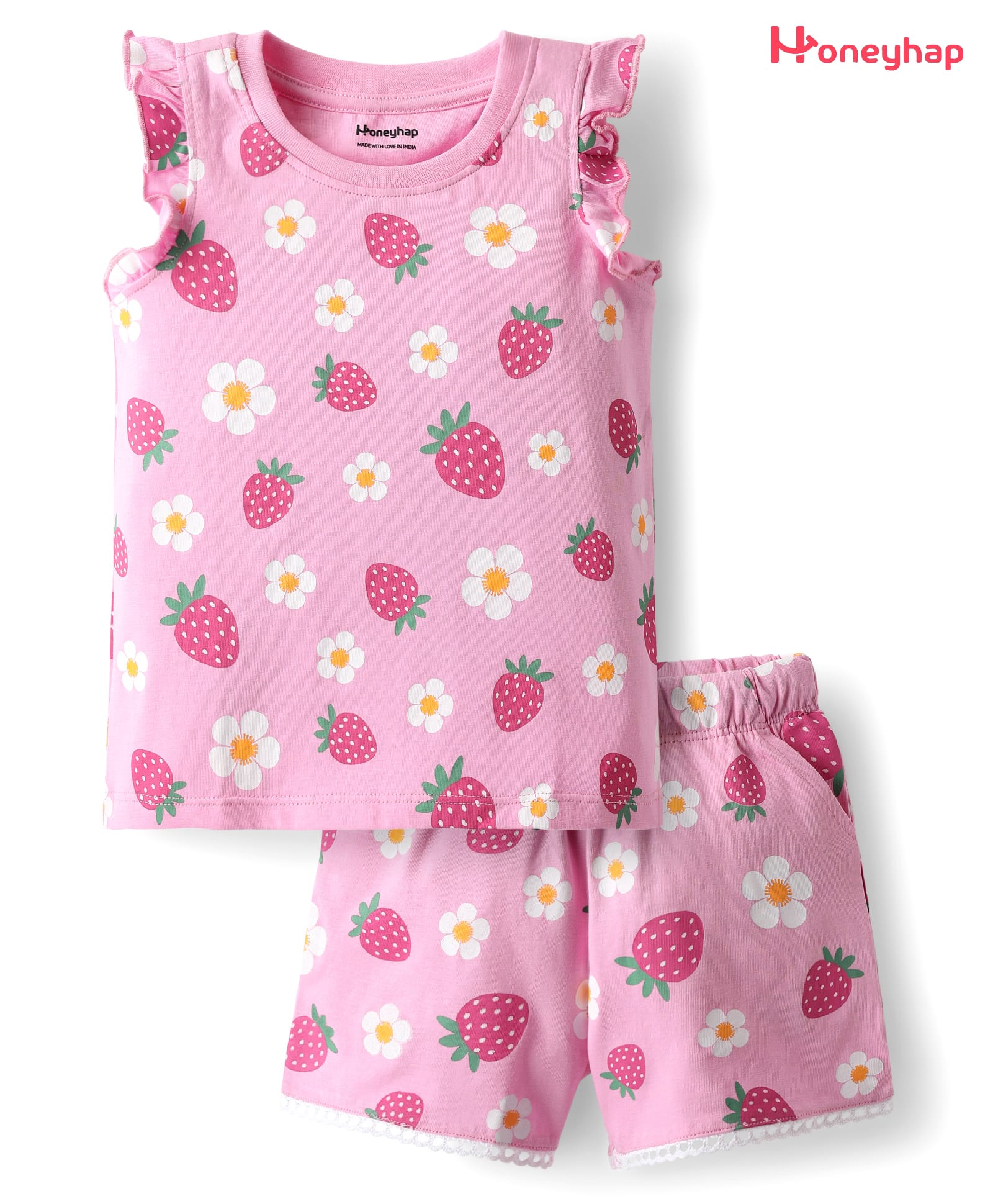 HoneyHap Premium 100% Cotton Knit Frill Sleeves Co-ords Shorts Night Suit with Bio Finish & Tropical Theme Print - Bonbon-image-29