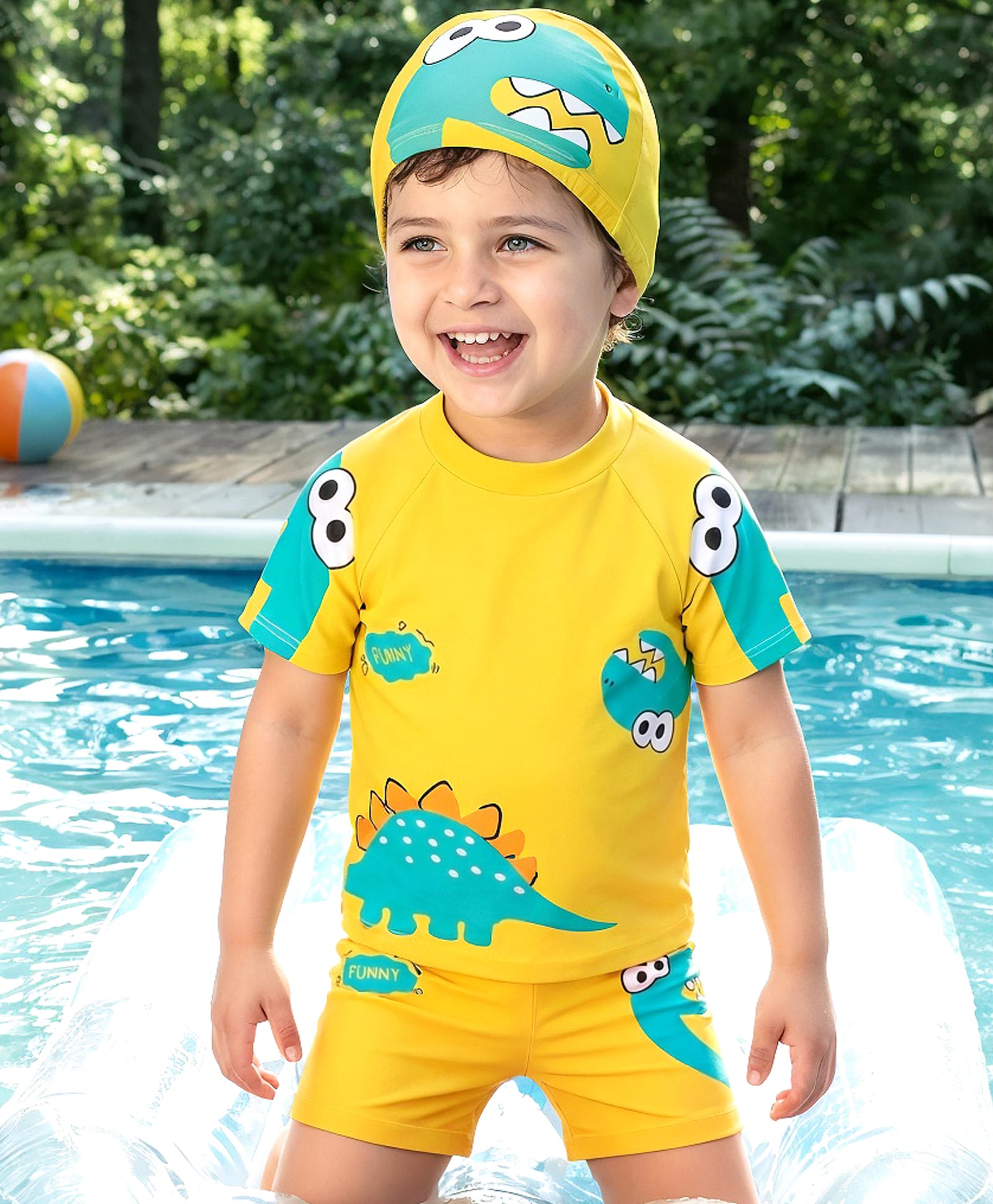 Babyhug Half Raglan Sleeves Two Piece Swimsuit With Dino Print & Cap - Yellow-image-27