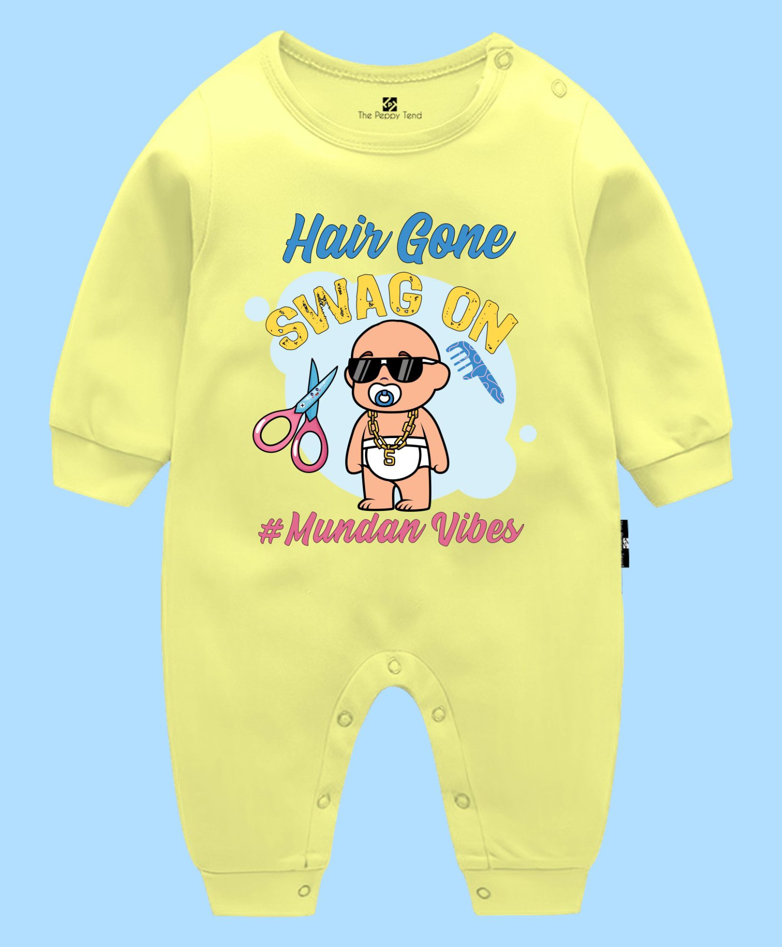 The Peppy Tend 100% Cotton Mundan Theme Full Sleeves Hair Gone Swag On Text Printed Romper - Yellow-image-14