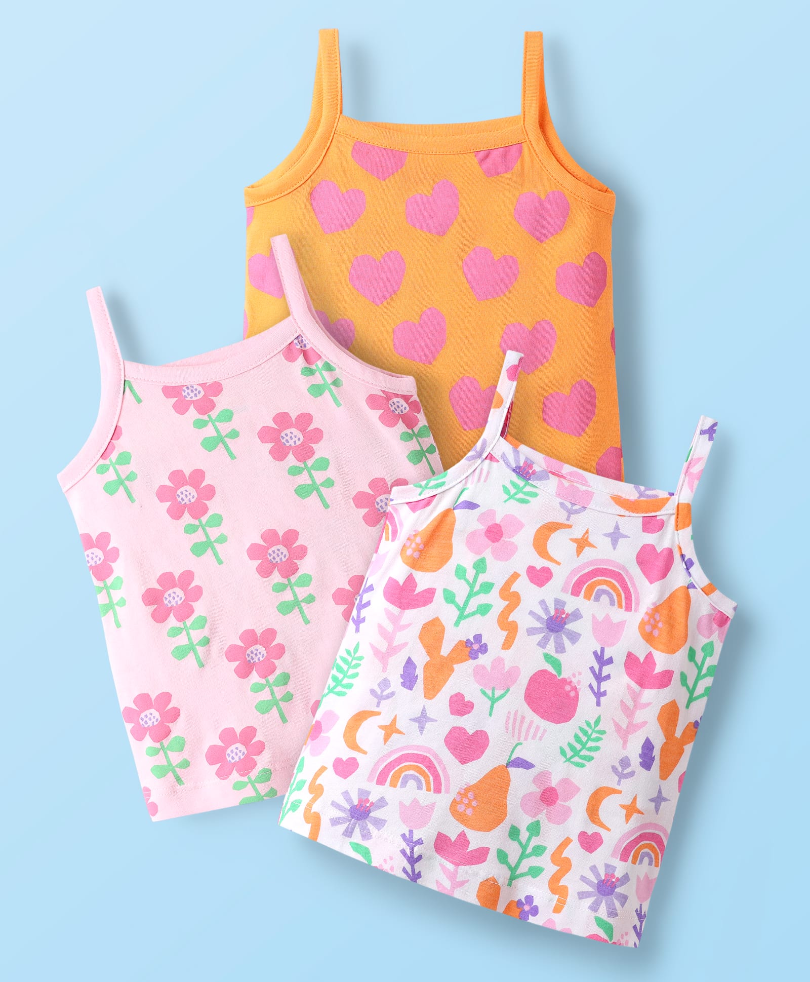 Babyhug 100% Cotton Antibacterial Slips With Floral & Hearts Print Pack Of 3 - Dark Pink Yellow & Light Pink