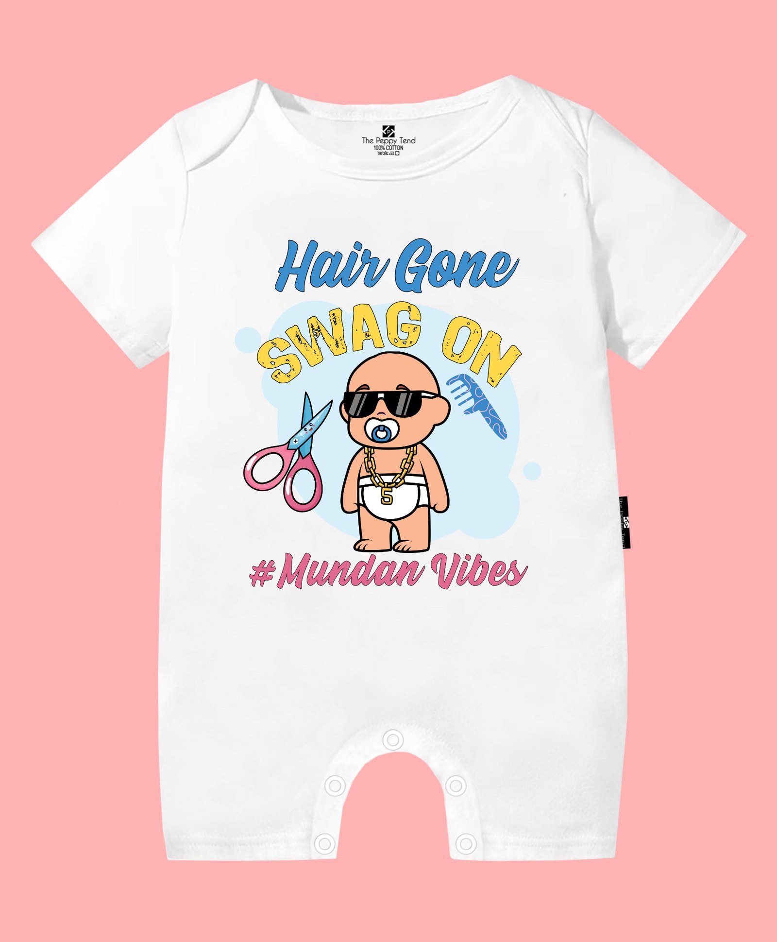 The Peppy Tend 100% Cotton Mundan Theme Half Sleeves Hair Gone Swag On Text Printed Romper - White-image-6