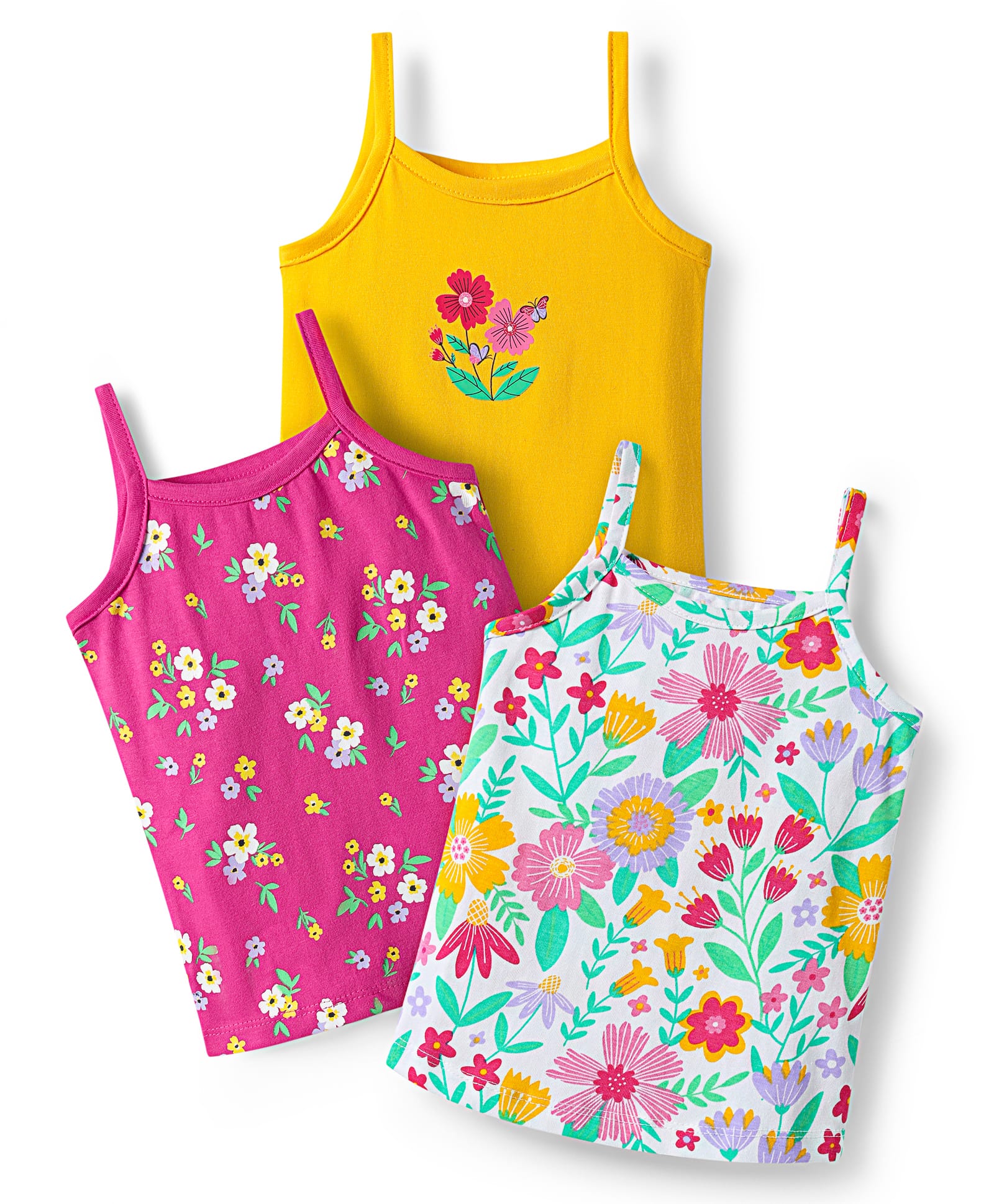 Babyhug 100% Cotton Single Jersey Knit Antibacterial Sleeveless Slips With Floral Print Pack Of 3 - Yellow Pink & White