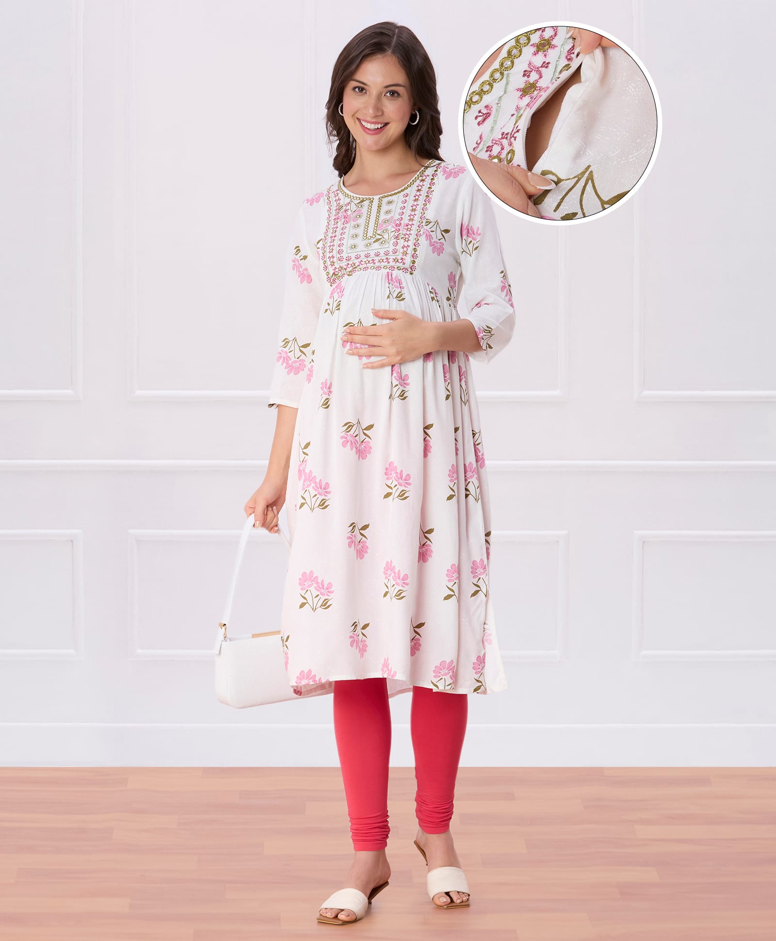Bella Mama Woven Three Fourth Sleeves Highlighted Yoke Maternity Kurta With Floral Print - Off White