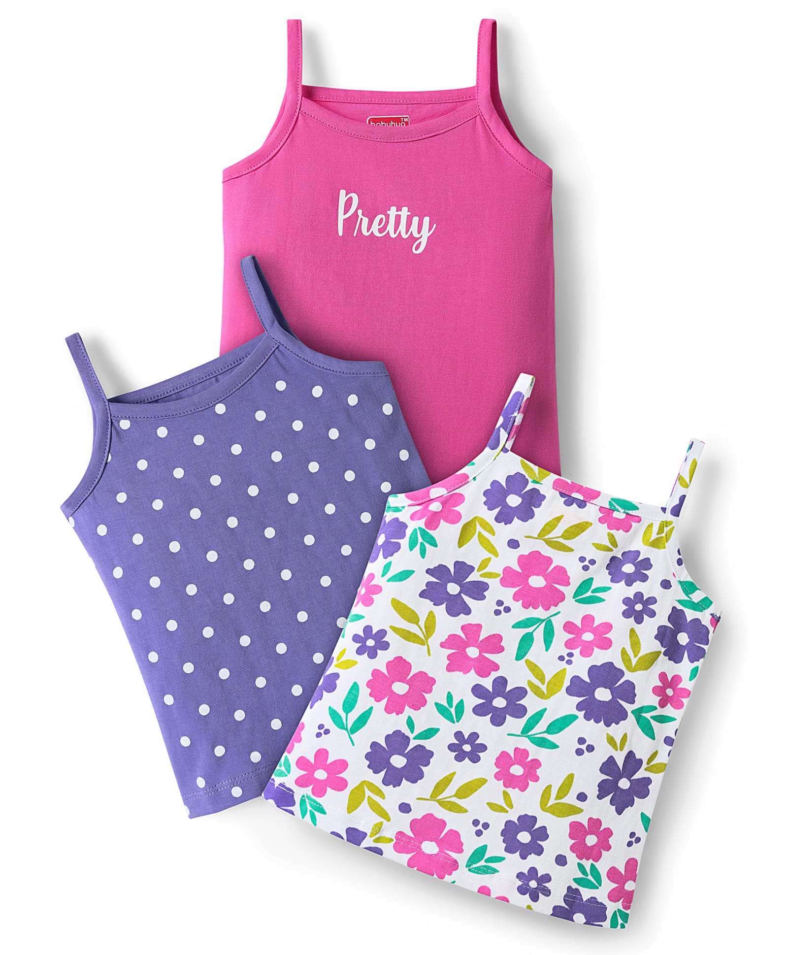 Babyhug 100% Cotton Knit Sleeveless Antibacterial Slips with Floral & Polka Dots Print Pack of 3 - Pink White & Lilac