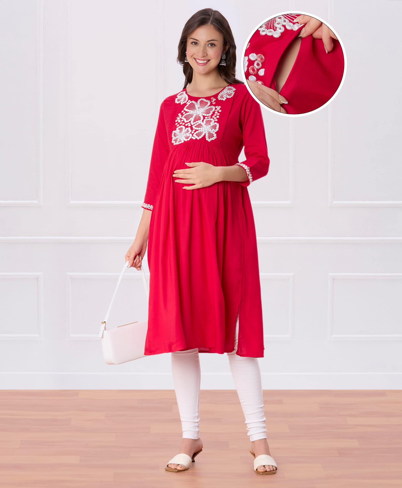 Bella Mama Viscose Woven Three Fourth Sleeves Maternity Kurta With Floral Embriodery - Red