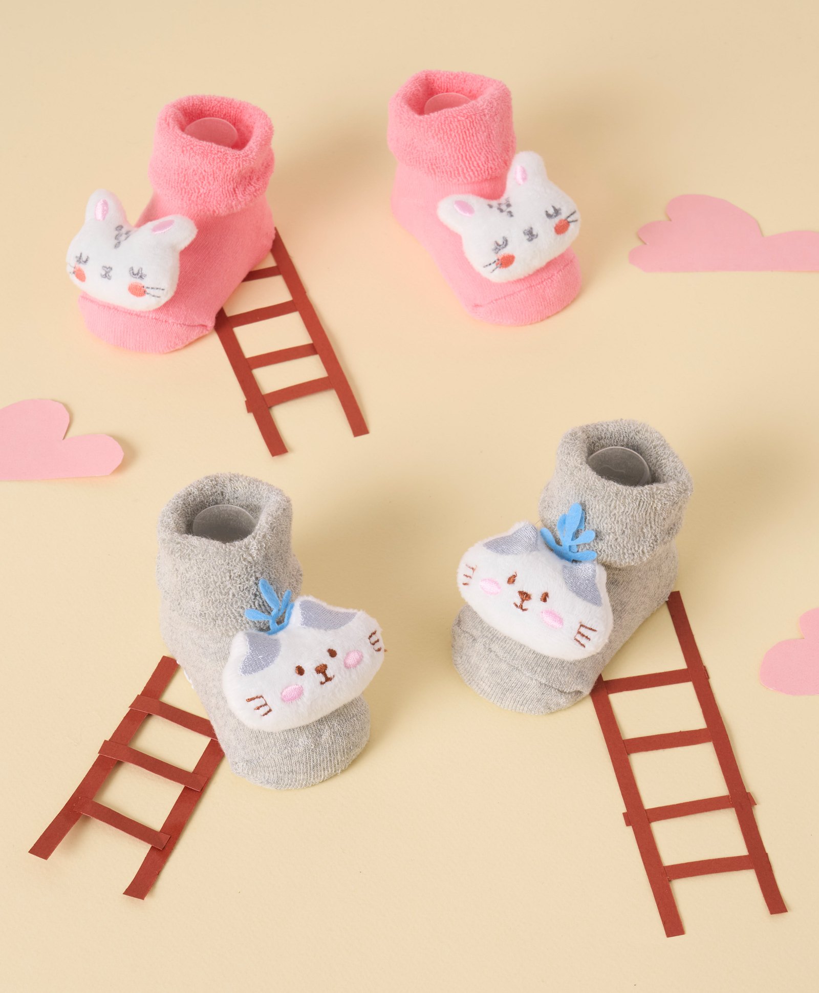 Kicks & Crawl Cotton Pack Of 2 Baby Animals Applique Detailed Anti Skid 3D Socks - Pink & Grey-picture-23