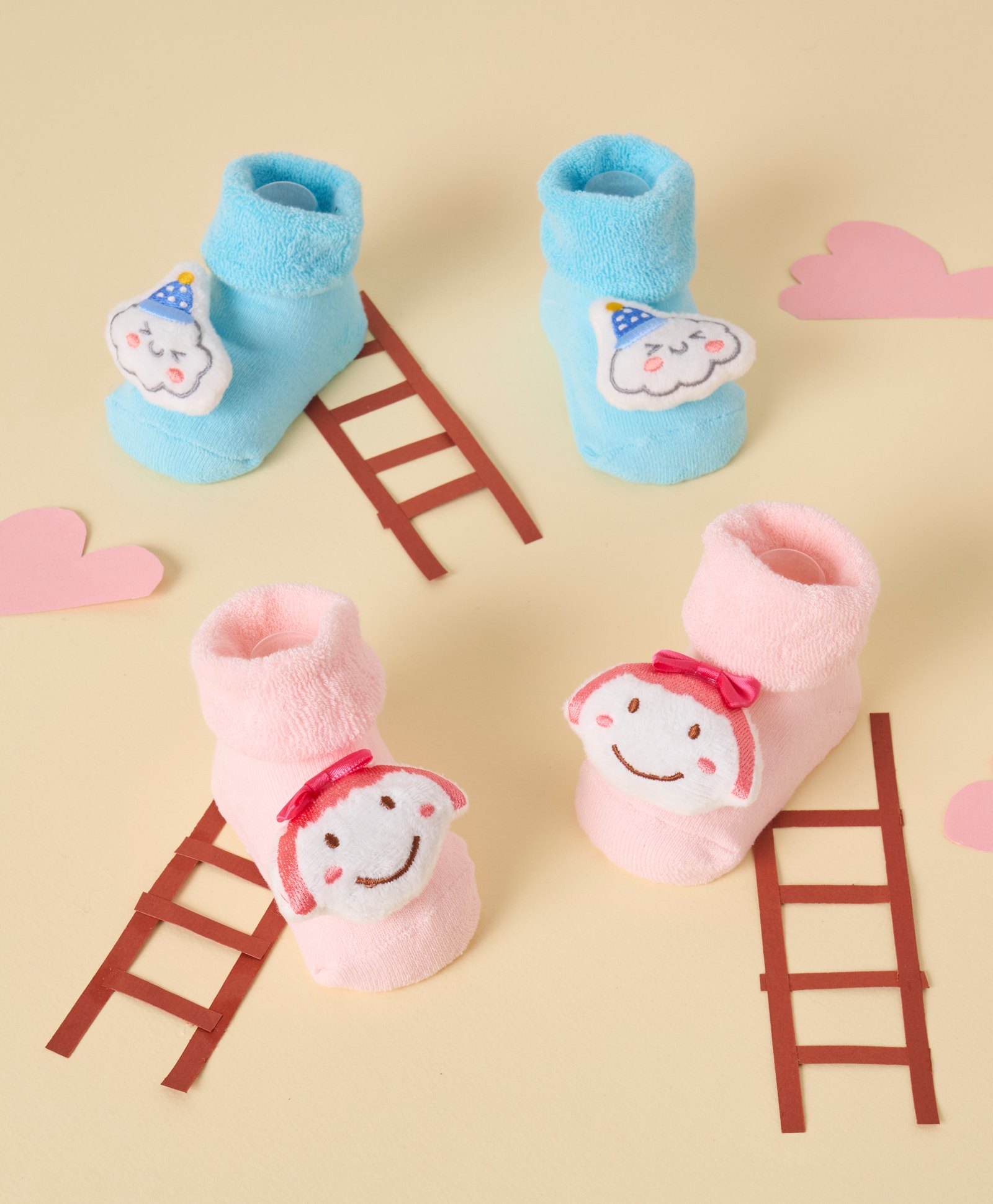 Kicks & Crawl Cotton Pack Of 2 Cloud & Girl Applique Detailed Anti Skid 3D Socks - Blue & Pink-image-22