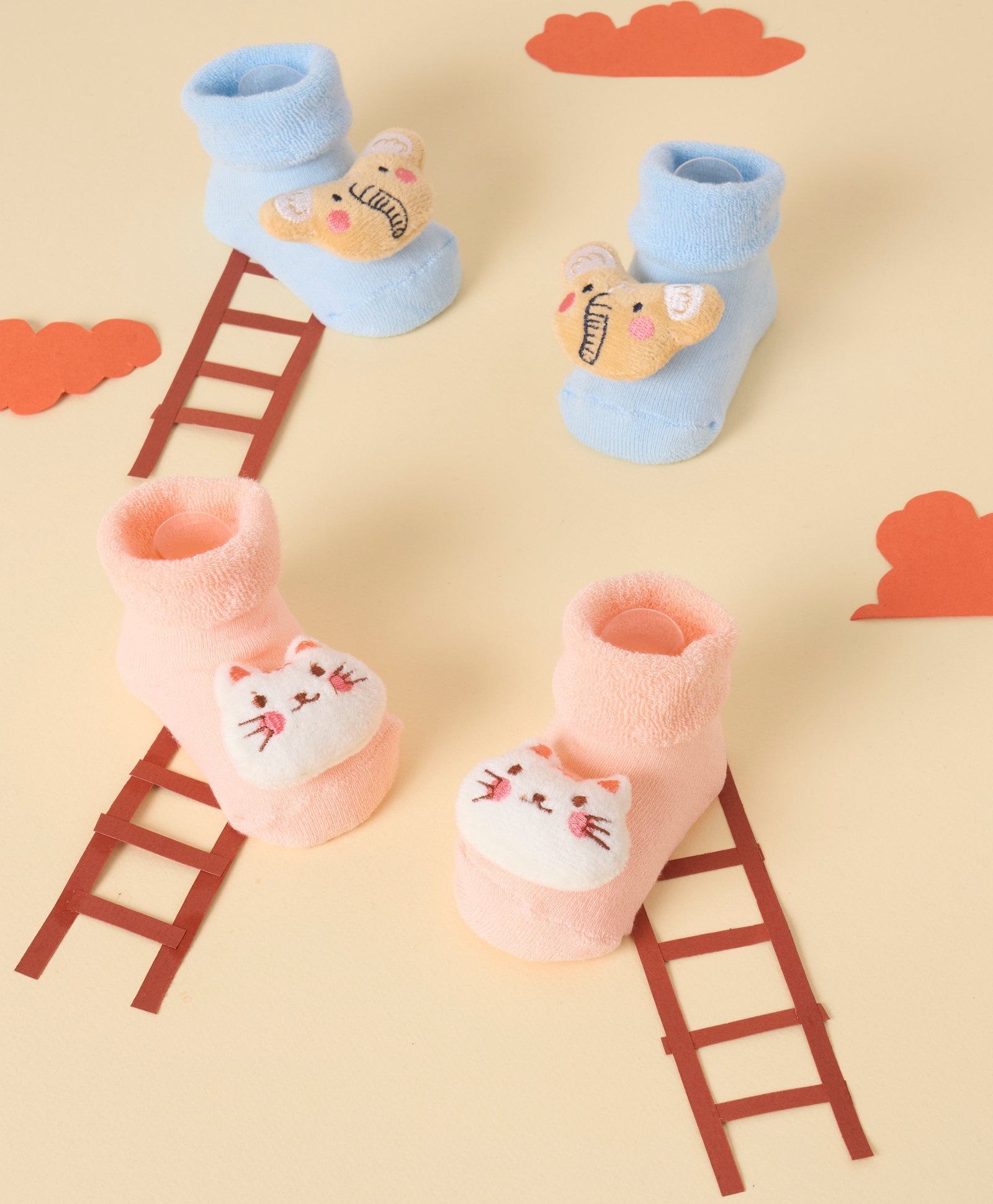 Kicks & Crawl Cotton Pack Of 2 Baby Animals Applique Detailed Anti Skid 3D Socks - Blue & Peach-picture-21