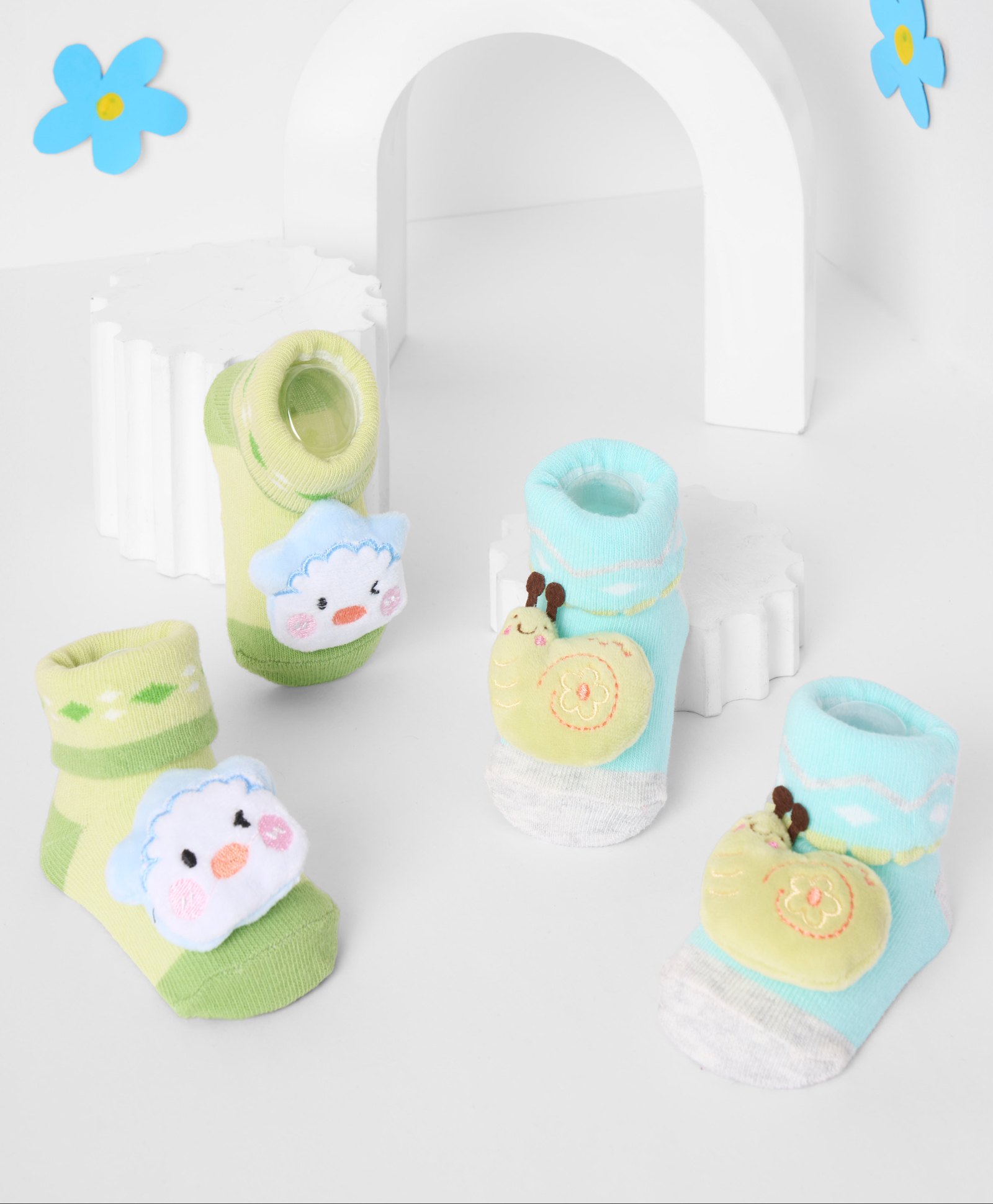 Kicks & Crawl Pack Of 2 Cartoon & Snail Applique Detailed 3D Socks - Green & Blue-image-19