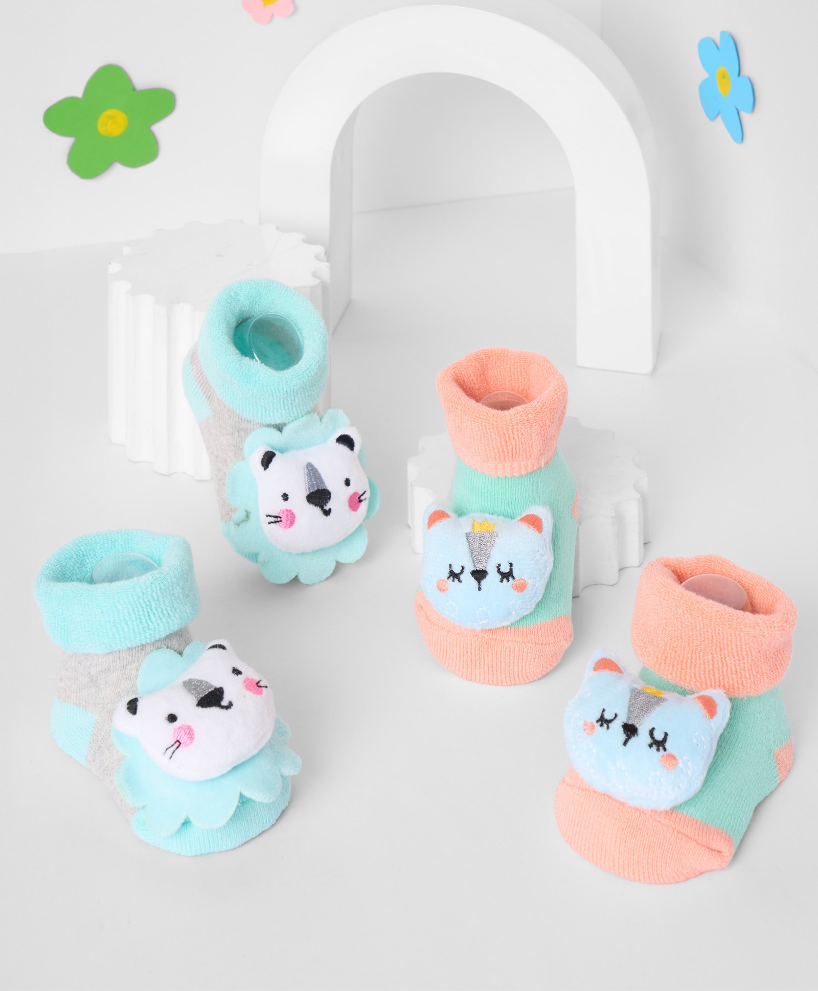 Kicks & Crawl Pack Of 2 Baby Animals Applique Detailed 3D Socks - Sea Green-picture-20