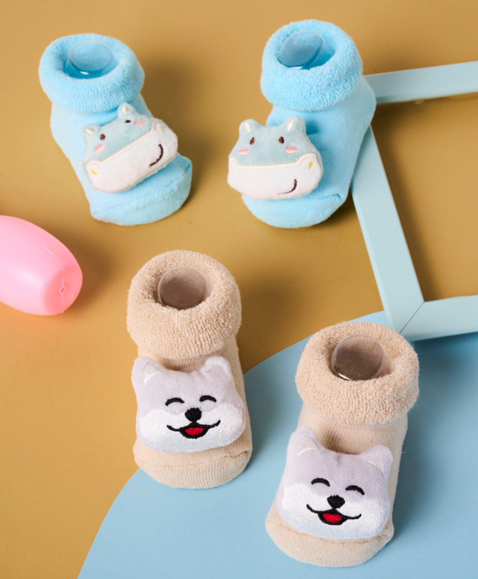 Kicks & Crawl Cotton Pack Of 2 Hippo & Dog 3D Applique Detailed Anti Skid Socks - Blue & Brown-image-23