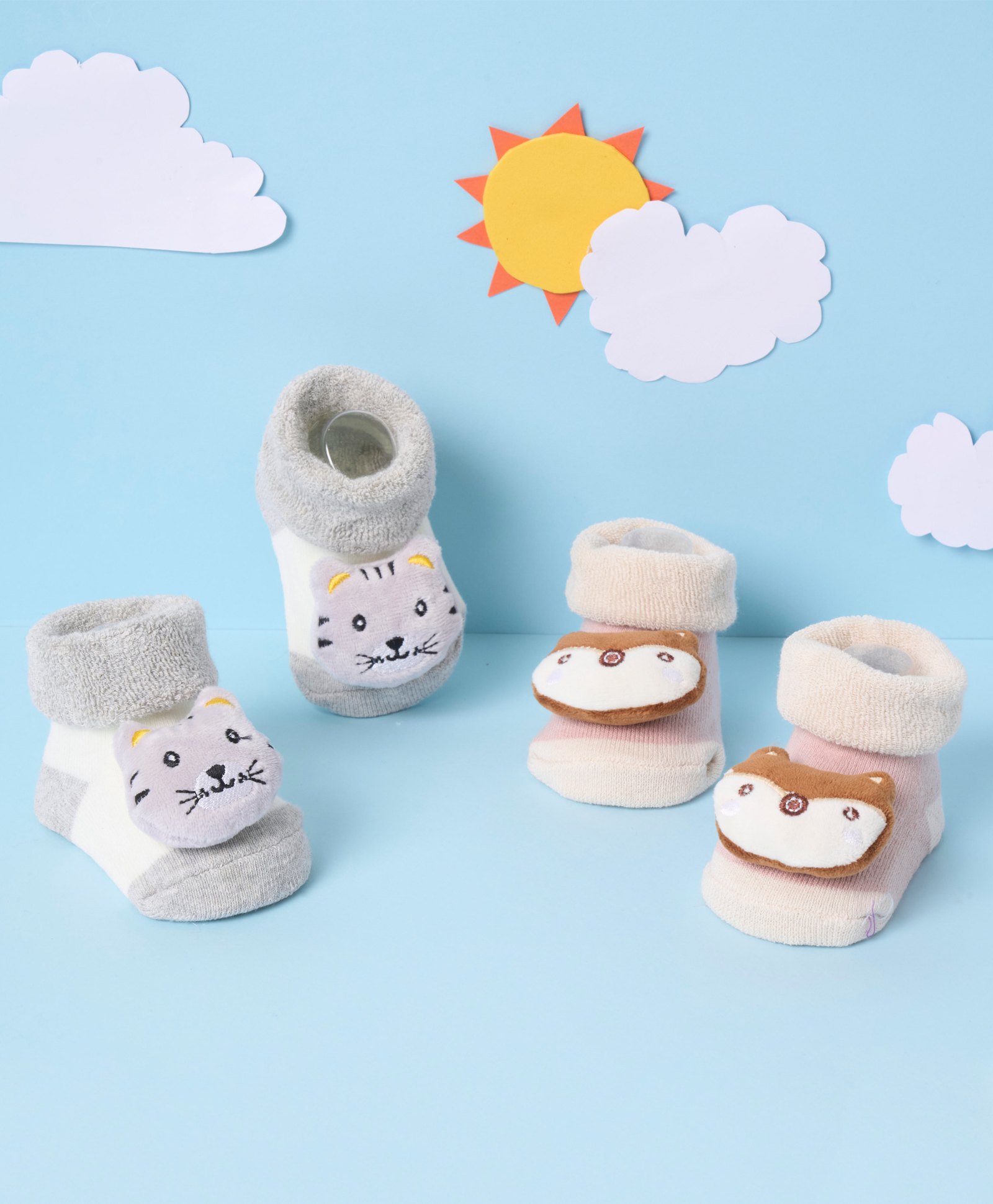 Kicks & Crawl Cotton Pack Of 2 Cat & Fox 3D Applique Detailed Anti Skid Socks - Grey-image-2
