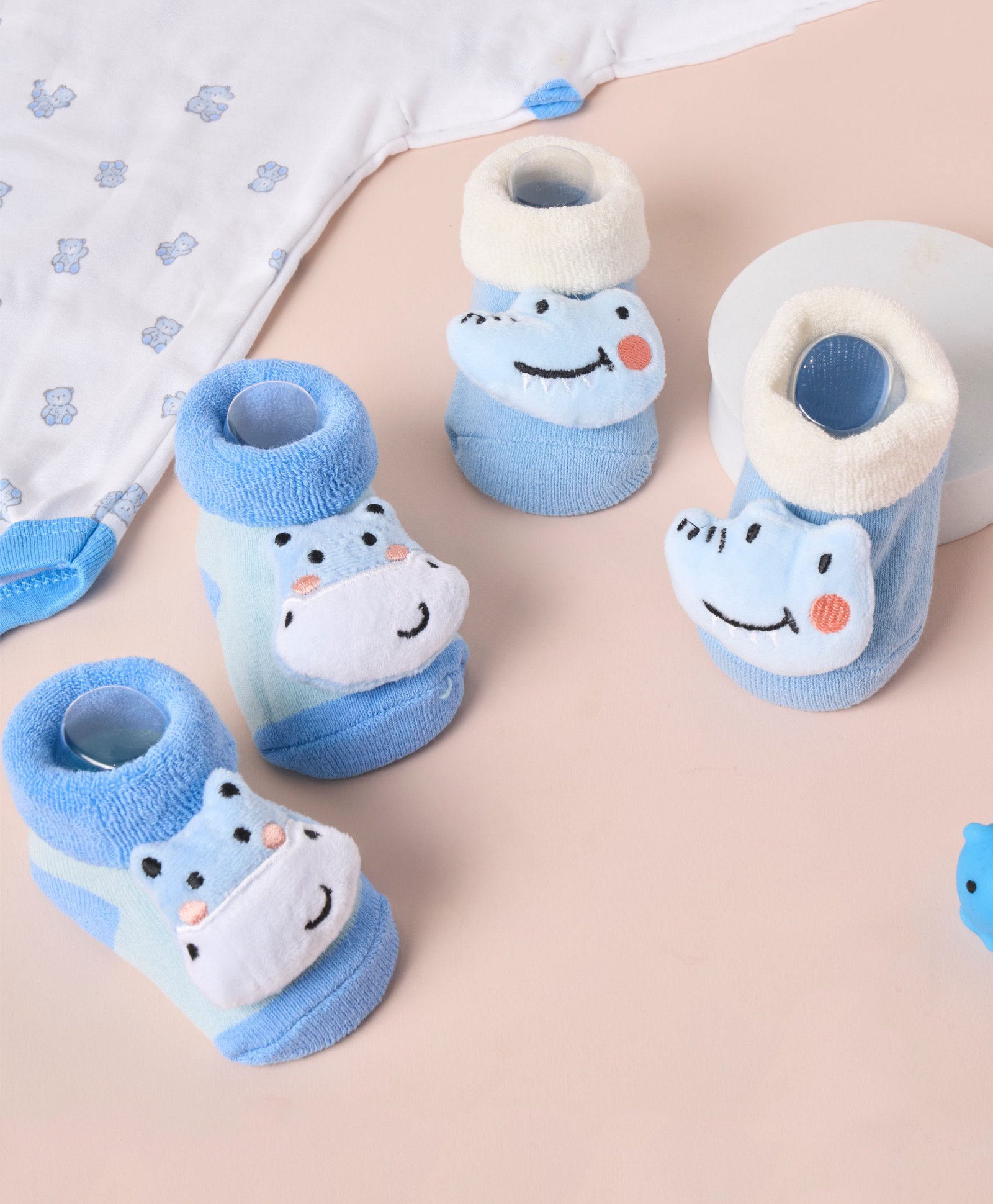 Kicks & Crawl Cotton Pack Of 2 Cow & Crocodile 3D Applique Detailed Anti Skid Socks - Blue-image-23
