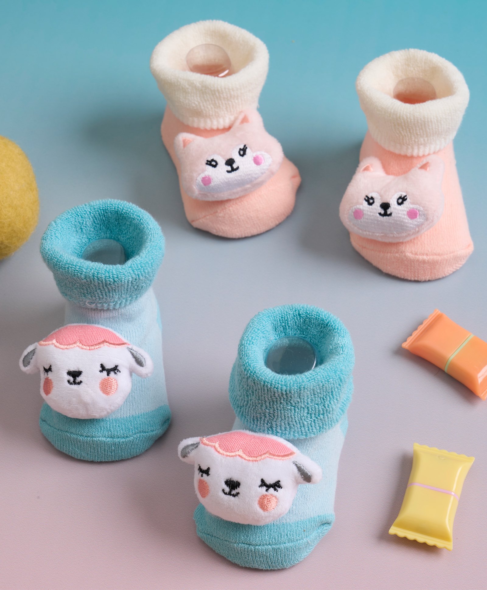 Kicks & Crawl Cotton Pack Of 2 Animals 3D Applique Detailed Anti Skid Socks - Blue & Peach-image-43