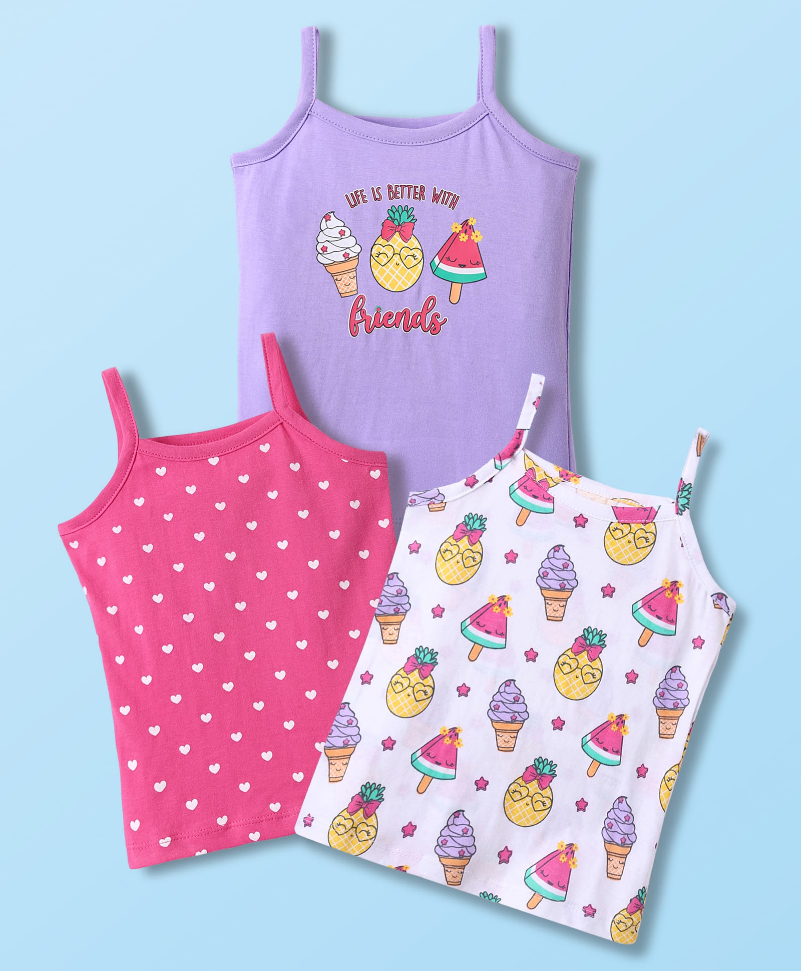 Babyhug 100% Cotton Knit Sleeveless Anti Bacterial Printed Slips Pack of 3 - White Pink & Purple-image-43