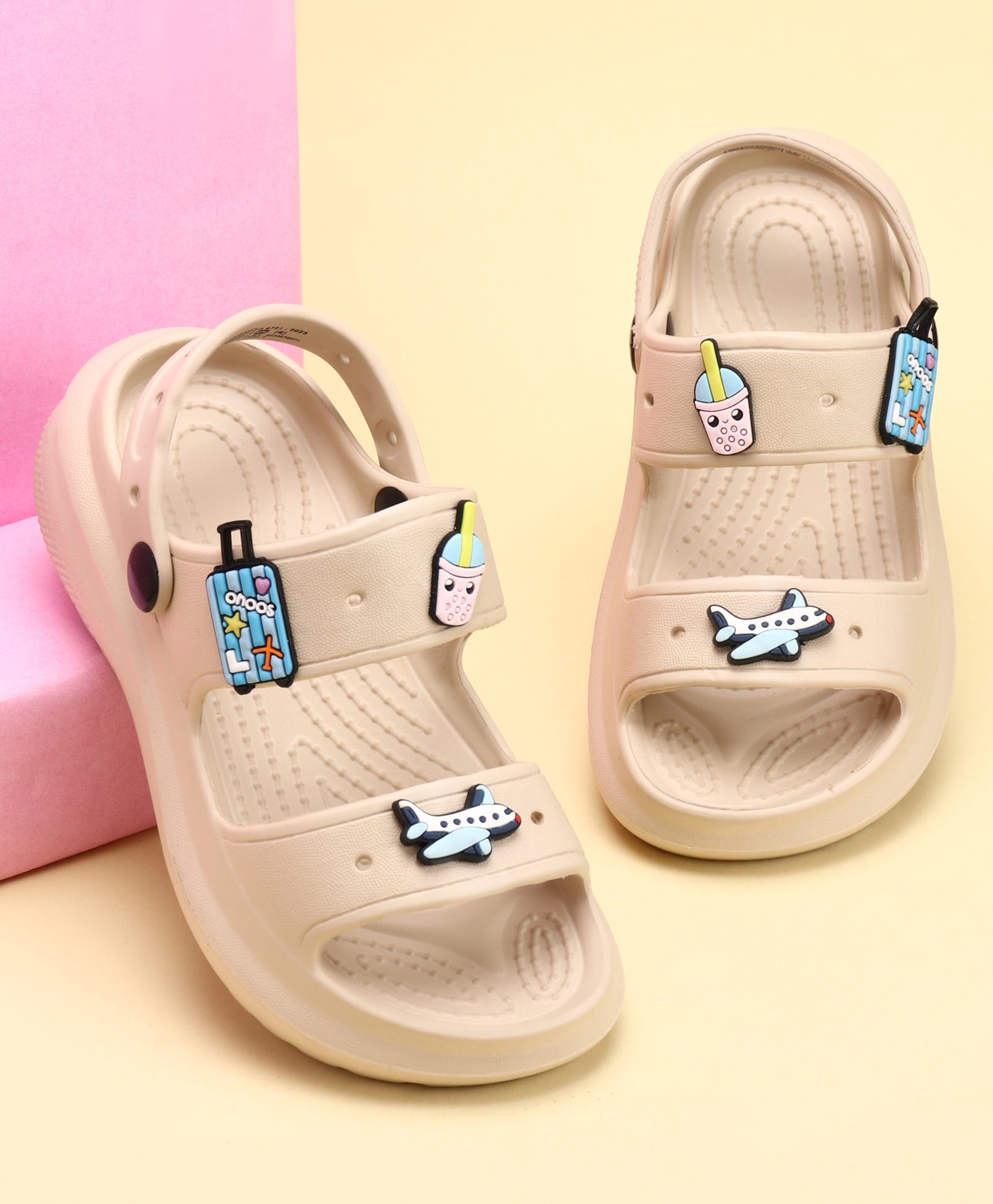 Pine Kids Back Strap Clogs with Airplane Applique - Beige-image-0