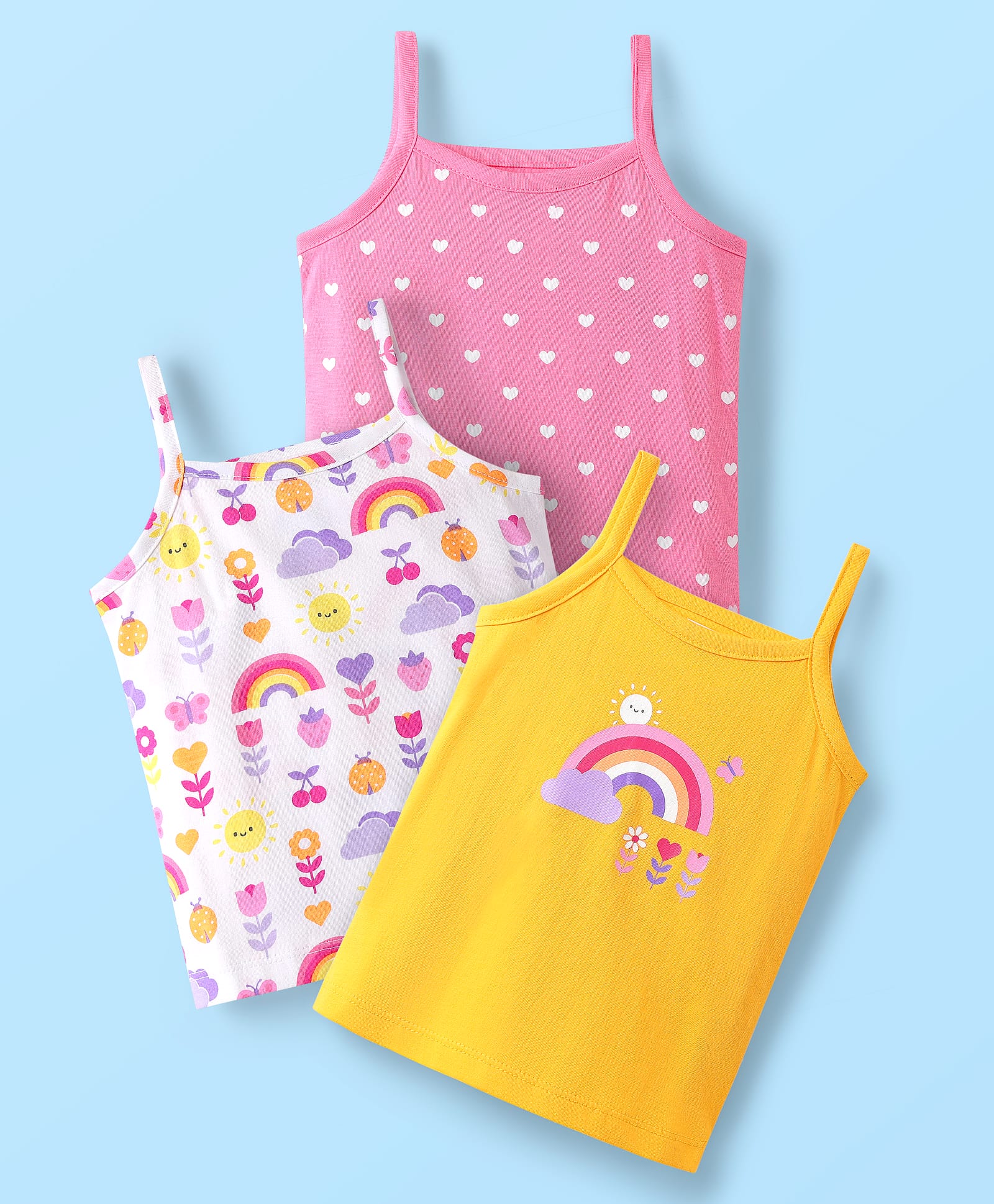 Babyhug 100% Cotton Antibacterial Slips With Hearts & Rainbow Print Pack Of 3 - Pink Yellow & White-picture-16