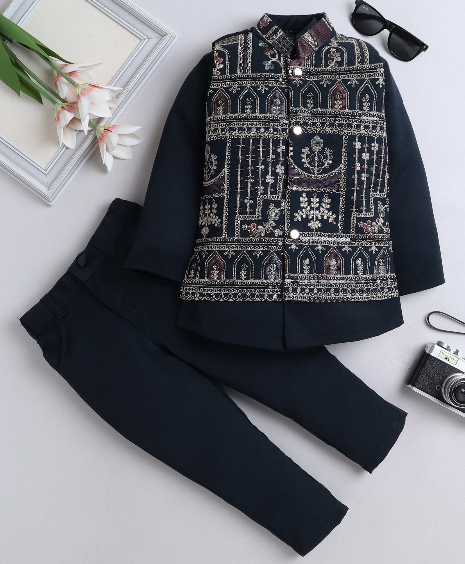 Fourfolds Full Sleeves Solid Indo Blazer & Trouser Set With Embroidered Waistcoat - Navy Blue-picture-12