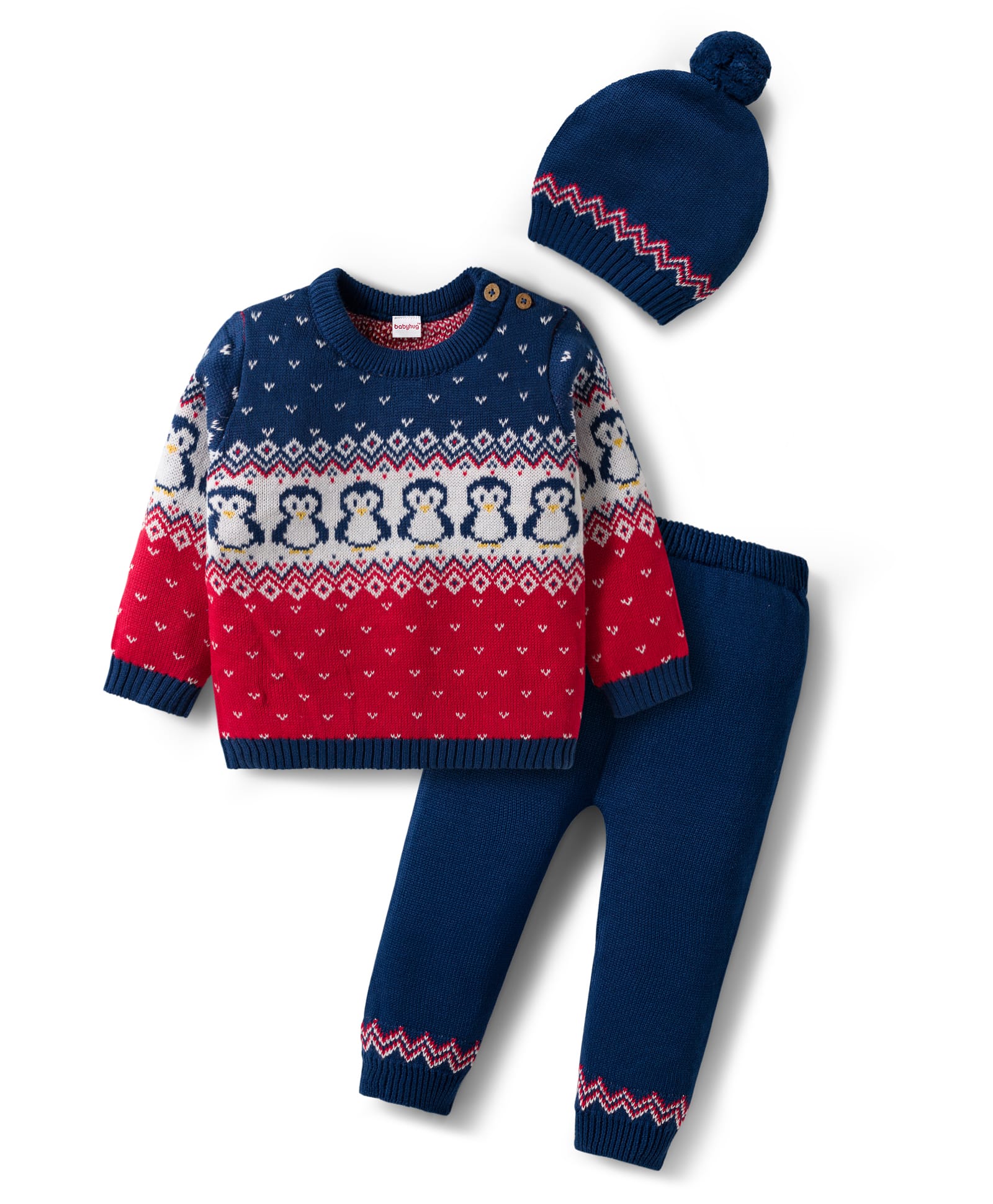 Babyhug Organic Cotton Knitted Full Sleeves Sweater Set With Penguin Design & Cap - Navy Blue & Red-image-48