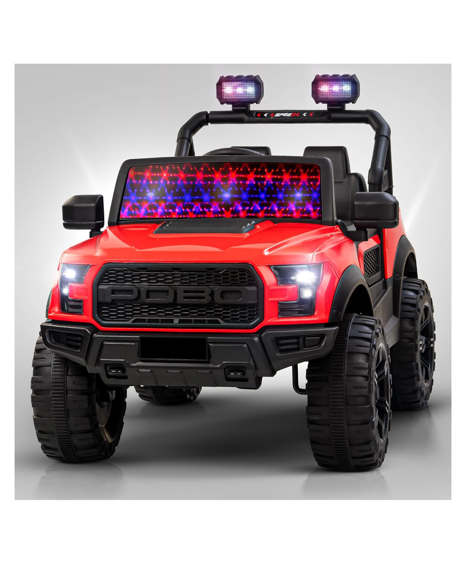 Srecap Battery Operated Jeep for Kids, Ride on Toy Kids Car with RGB Windshield Light & Music | Electric Jeep Battery Car - Red