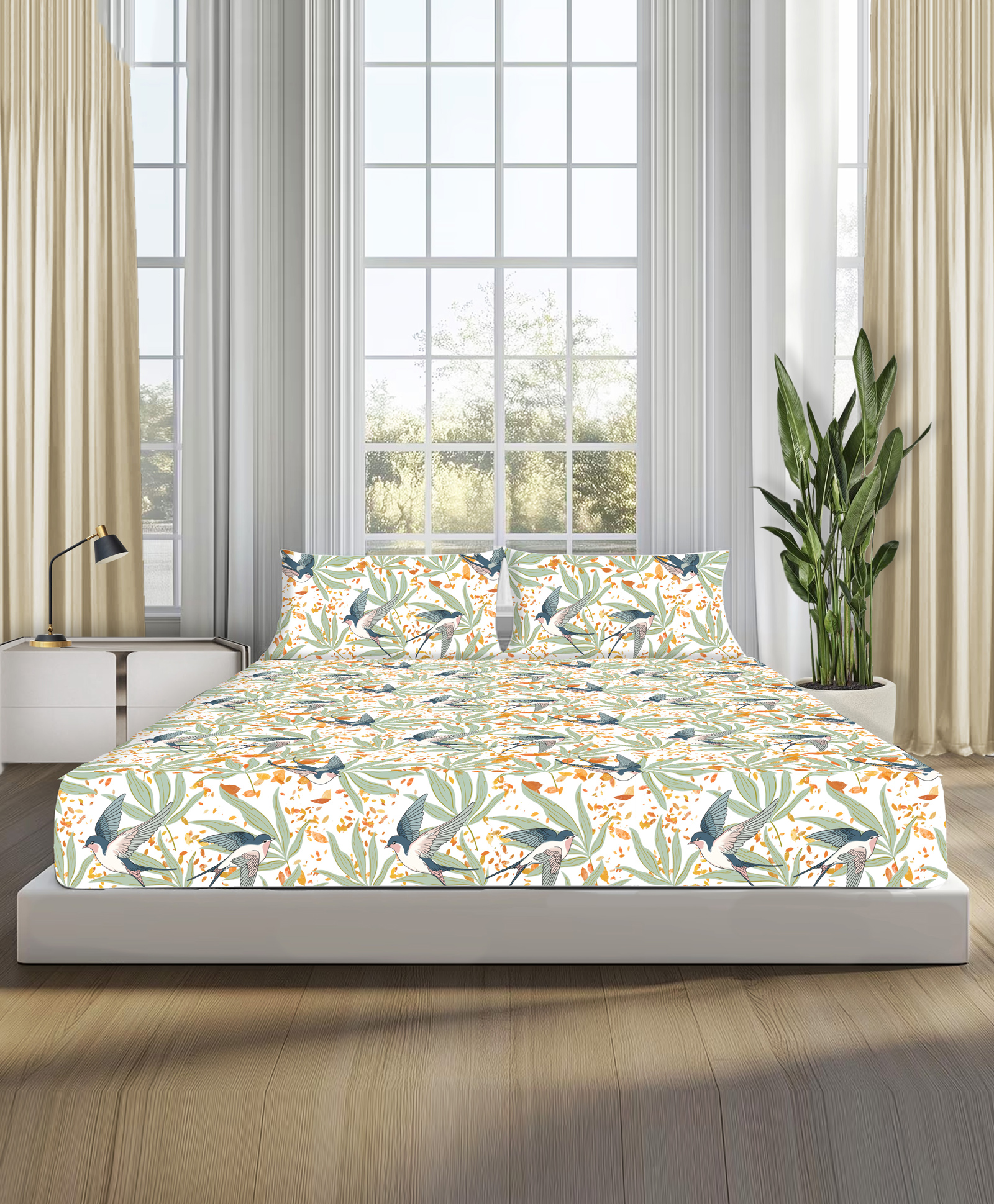 Sleepsia Premium 100% cotton double bedsheet with a 180 Thread Count for softness & breathability. Features a charming "Fall Birds Flora"-image-40