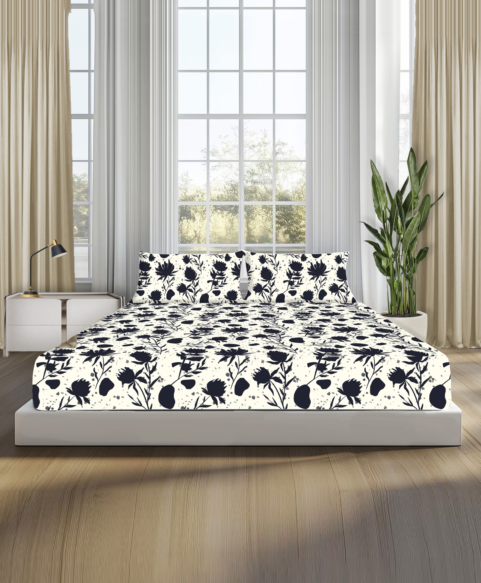 Sleepsia Lounge Midnight Blooms, 100% Cotton King Bedsheet, 180 TC-image-4
