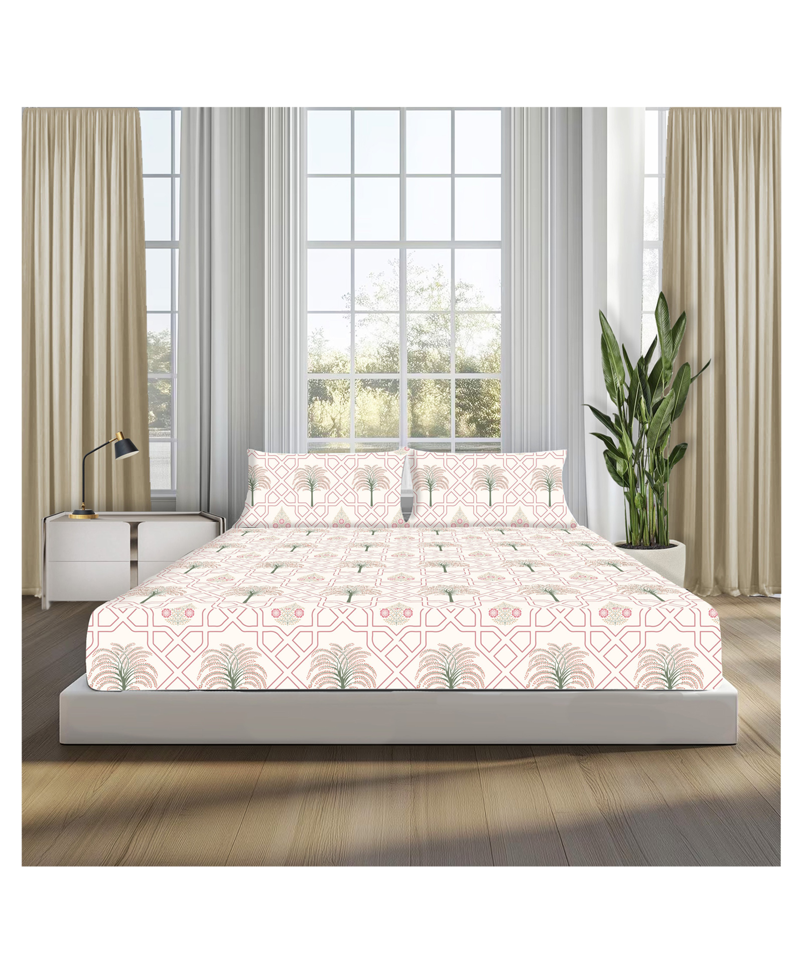 Sleepsia Lounge Palm Tree Jaipuri Maze in Ivory - Pink, 100% Cotton Double Bedsheet, 180 TC-image-6