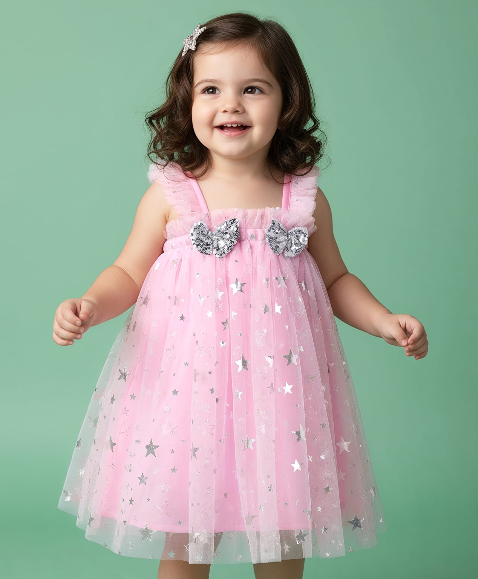 Babyhug Woven Sleeveless Party Dress With Foil Star Print & Bow Applique - Pink-picture-12
