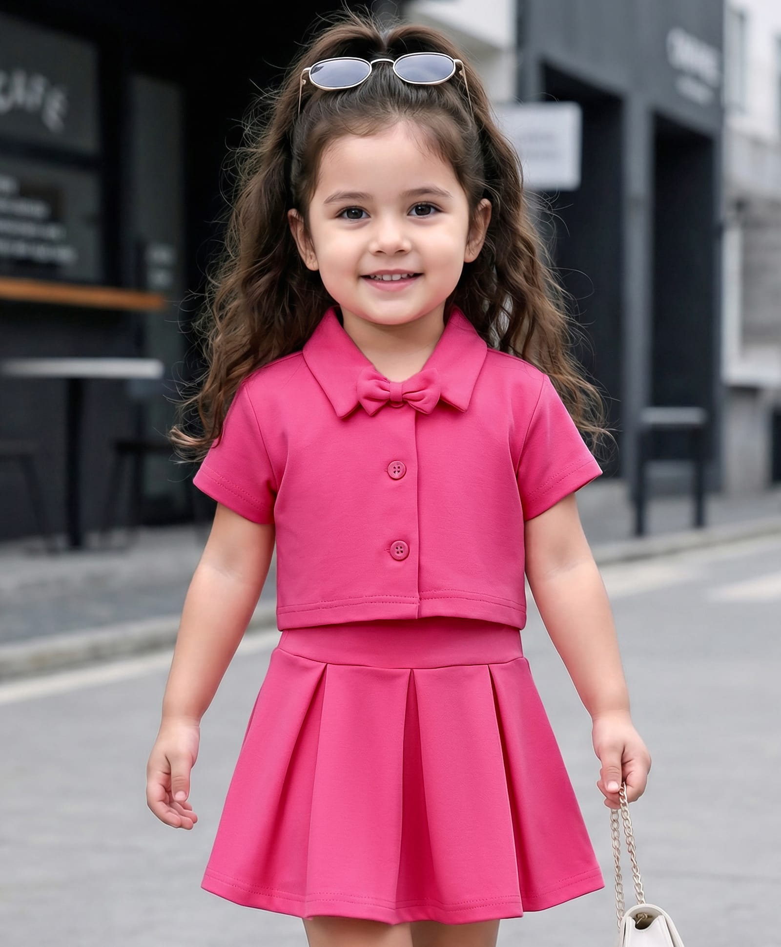 Babyhug Knit Half Sleeves Solid Color Top & Skirt Set with Bow Applique - Dark Pink-image-3
