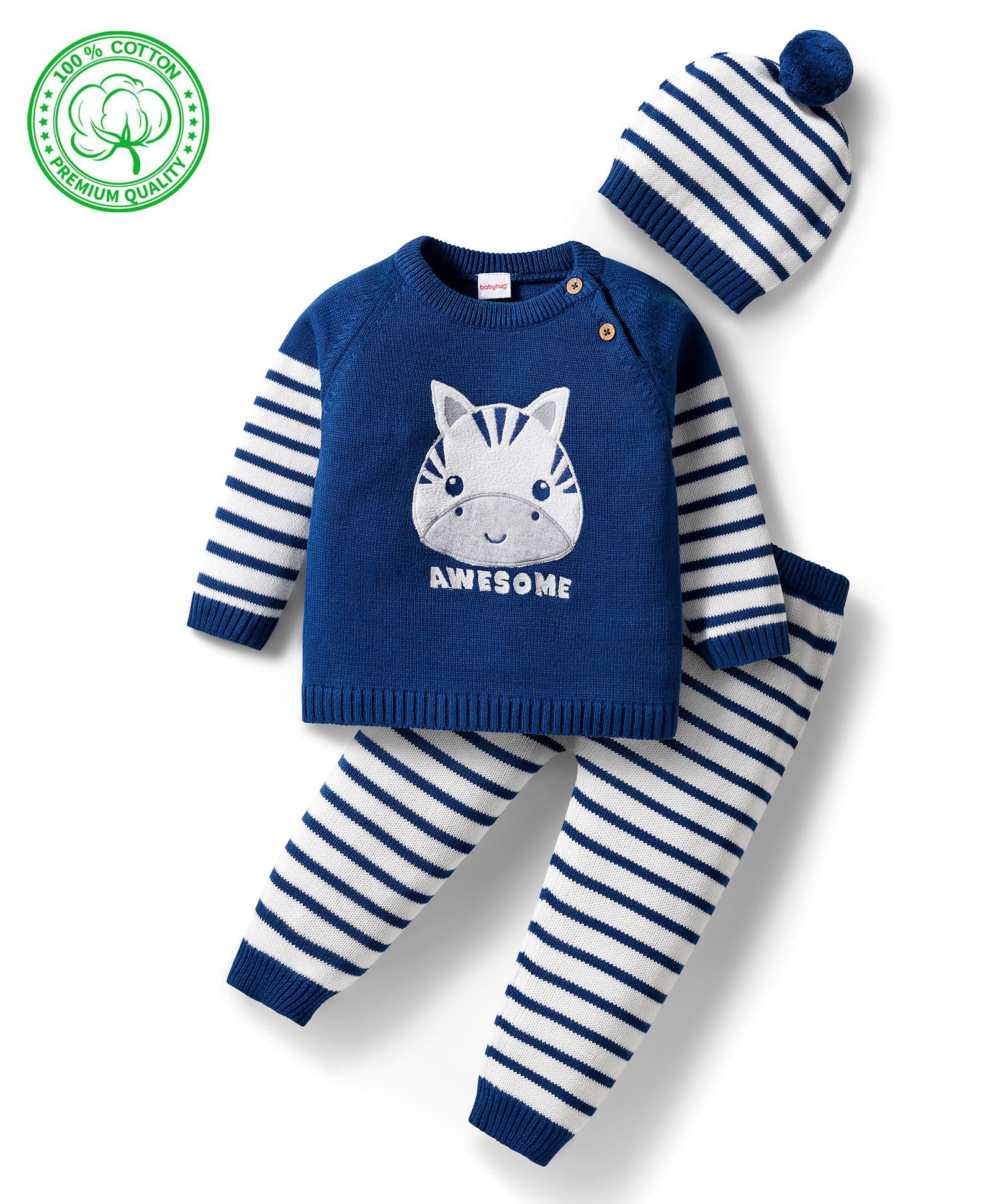 Babyhug Organic Cotton Knit Full Sleeves Pullover Sweater Set With Zebra Embroidery & Cap - Navy Blue & White-image-25