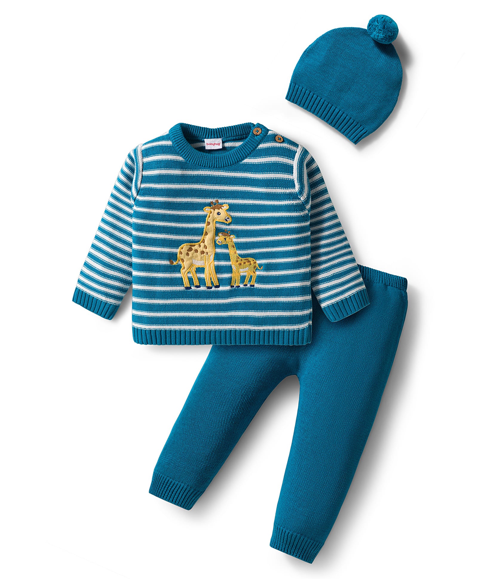 Babyhug Organic Cotton Knit Full Sleeves Striped Pullover Sweater Set with Cap & Giraffe Patch Detailing - Teal Blue-image-25
