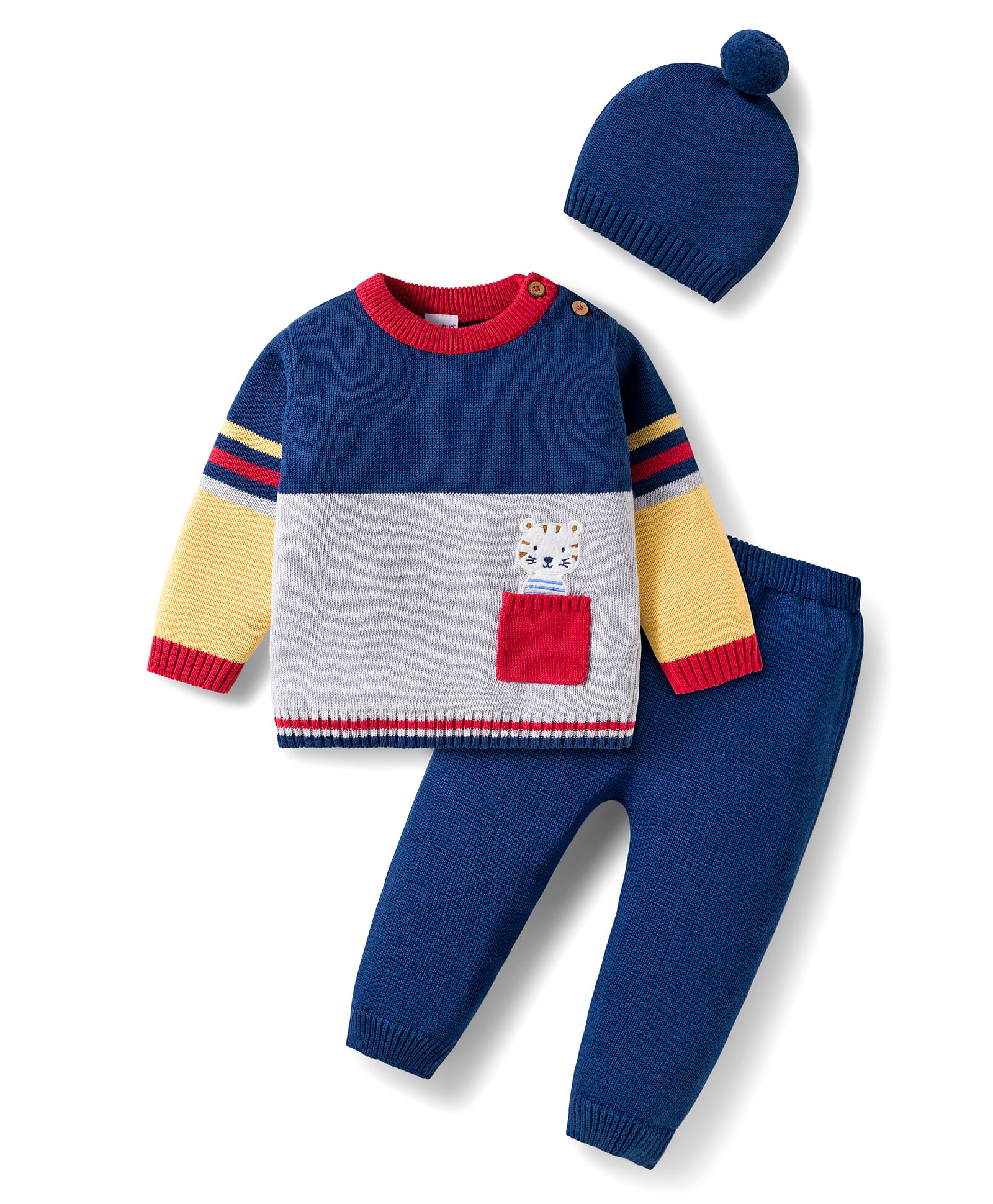 Babyhug Organic Cotton Knit Full Sleeves Sweater Set with Color Block Design Tiger Patch Pocket Detailing & Cap - Blue Yellow & Grey-image-49