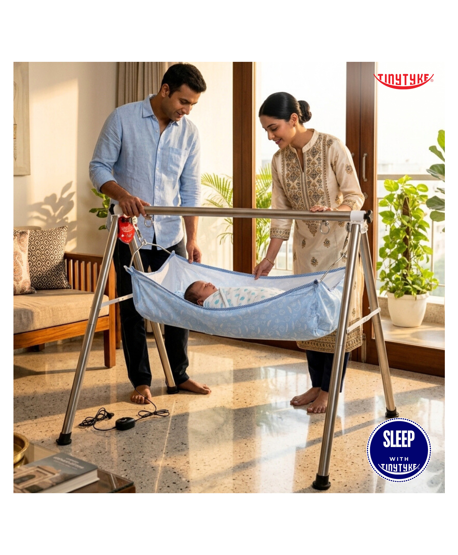 TinyTyke- Automatic Baby Cradle Round Pipe- Fully Foldable | With Warranty | Simple Hammock | Blue-image-11