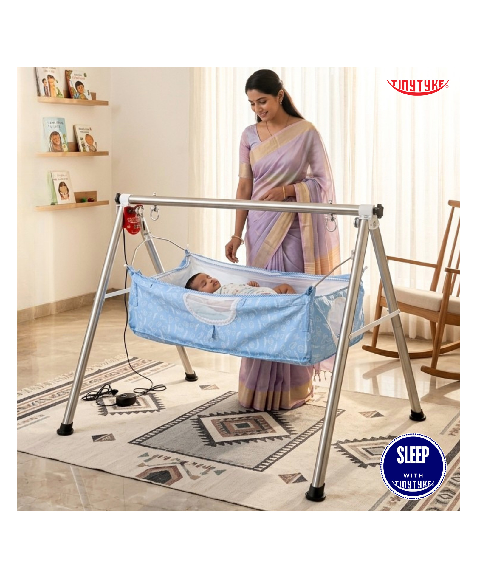 TinyTyke- Automatic Baby Cradle Round Pipe- Fully Foldable | With Warranty | Square Hammock with Mattress | Blue-image-20