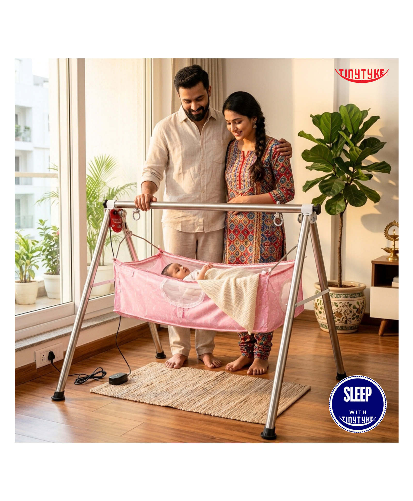 TinyTyke- Automatic Baby Cradle Round Pipe- Fully Foldable | With Warranty | Square Hammock with Mattress | Pink-image-28