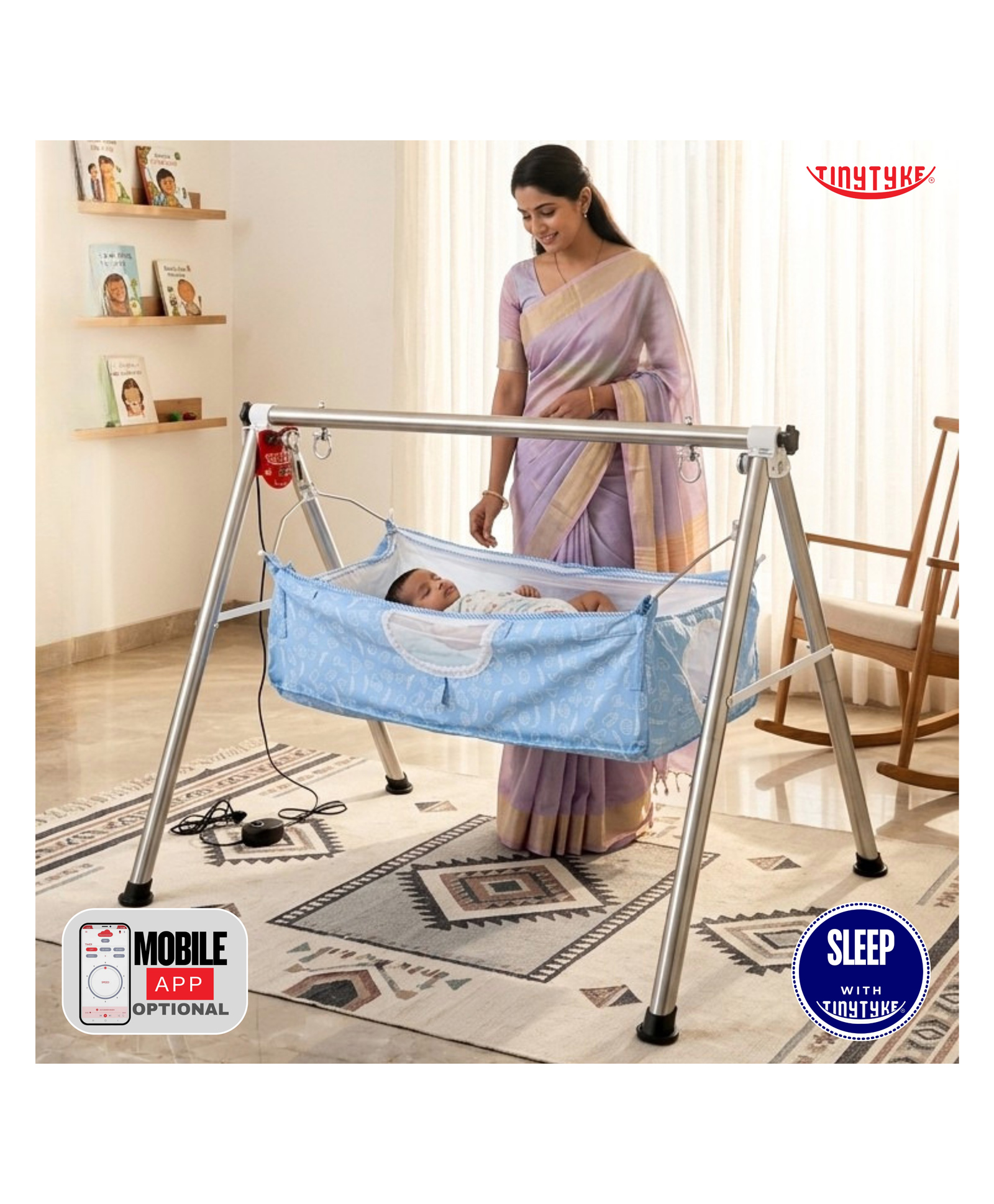 tiny tyke TinyTyke- Automatic Baby Cradle Round Pipe- Fully Foldable | With Warranty | With Mobile App | Square Hammock with Mattress | Blue-picture-11