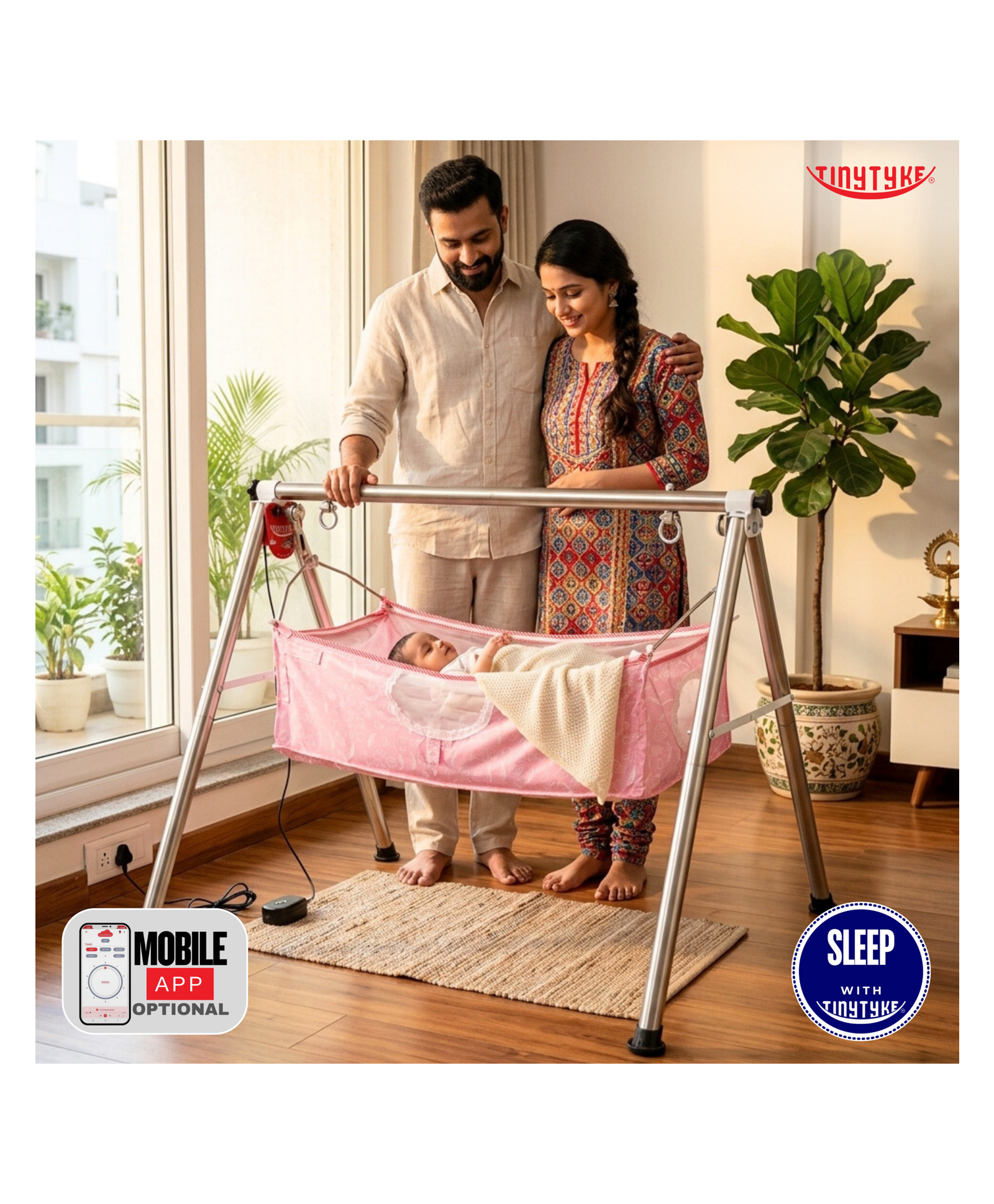 TinyTyke- Automatic Baby Cradle Round Pipe- Fully Foldable | With Warranty | With Mobile App | Square Hammock with Mattress | Pink-image-29