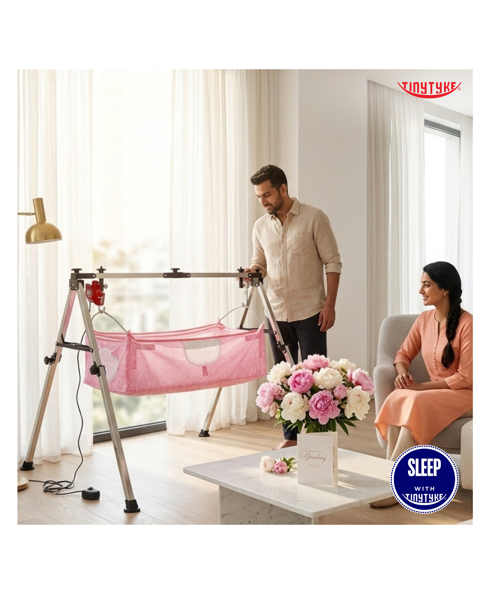 TinyTyke- Automatic Baby Cradle Square Pipe- Fully Foldable | With Warranty | Square Hammock with Mattress | Pink-image-30