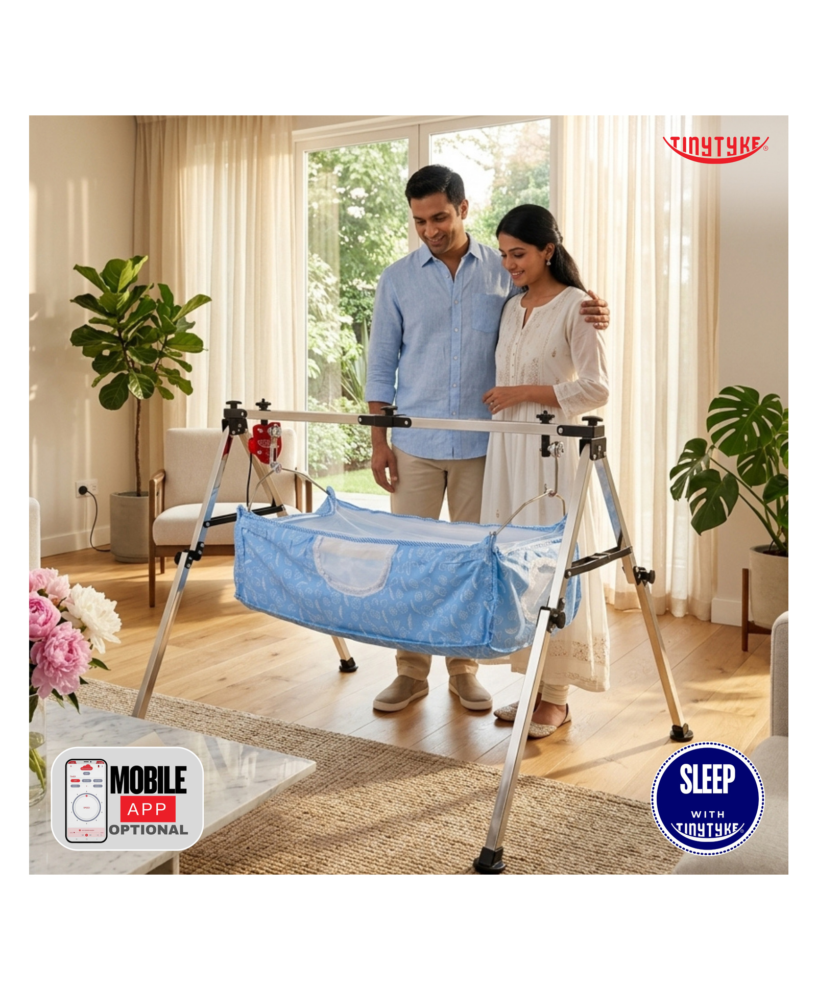 TinyTyke- Automatic Baby Cradle Square Pipe- Fully Foldable | With Warranty | With Mobile App | Square Hammock with Mattress | Blue-image-25