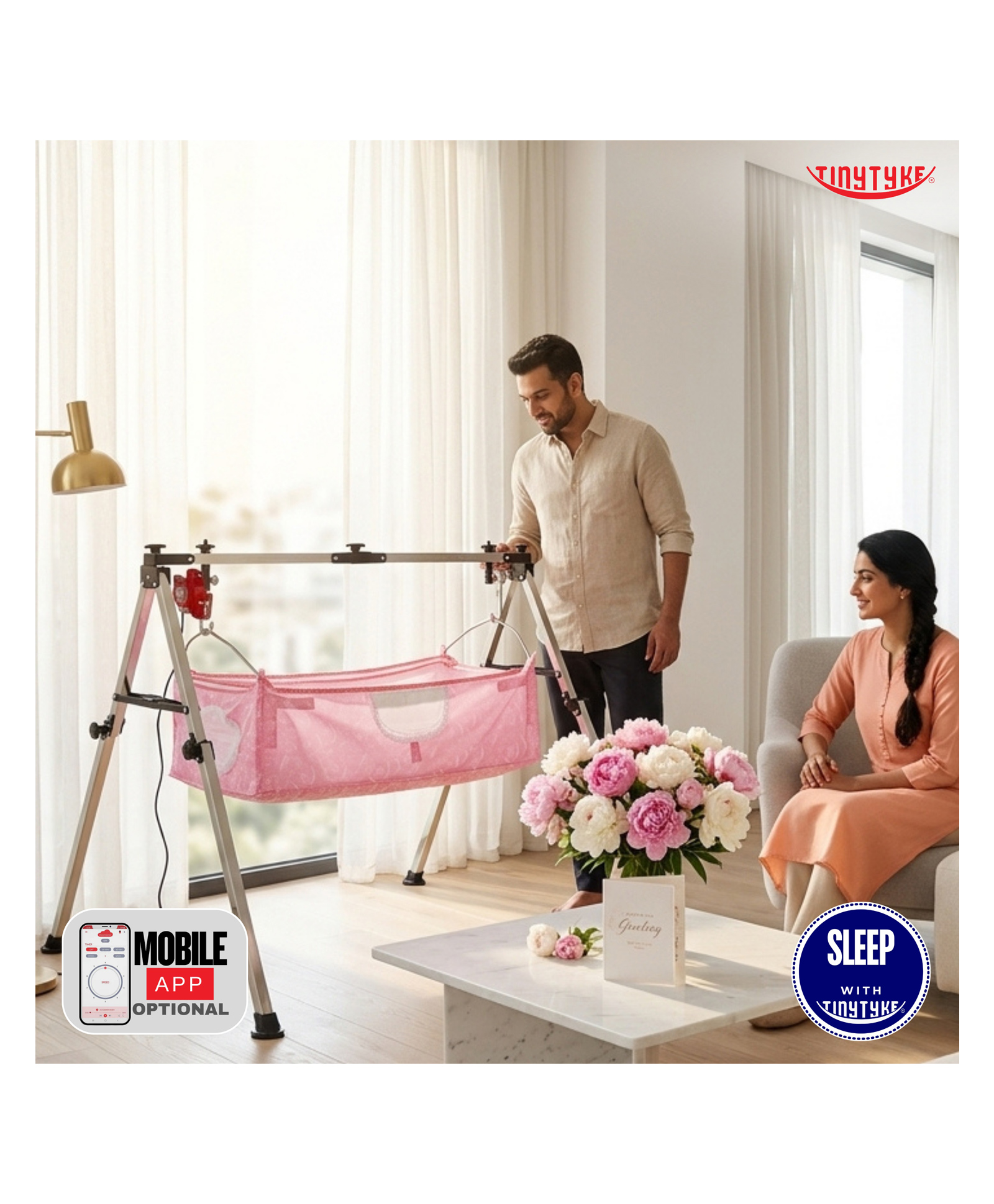TinyTyke- Automatic Baby Cradle Square Pipe- Fully Foldable | With Warranty | With Mobile App | Square Hammock with Mattress | Pink-image-31