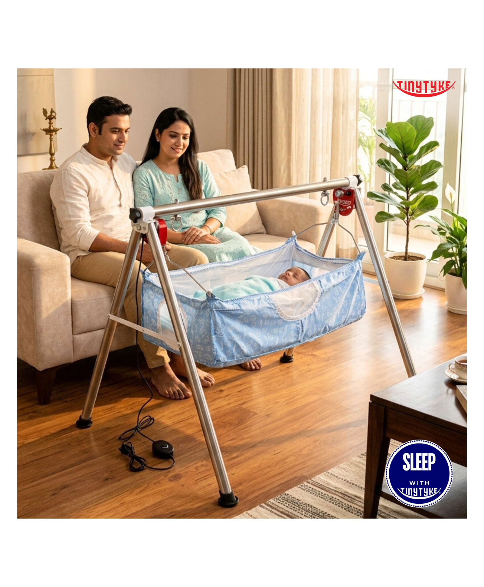 TinyTyke- Automatic Baby Cradle Round Pipe- Semi Foldable | With Warranty | Square Hammock with Mattress | Blue-image-22