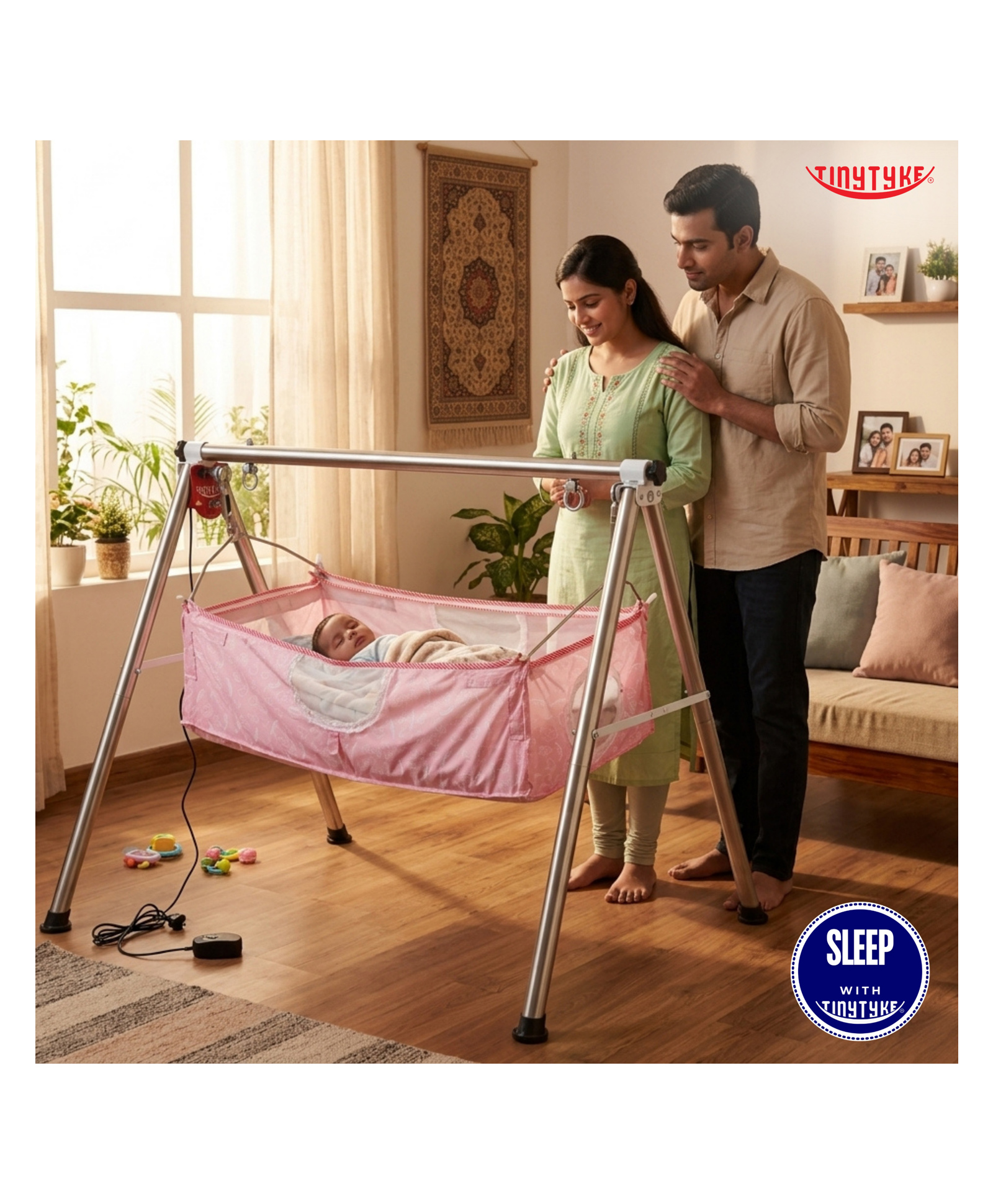 TinyTyke- Automatic Baby Cradle Round Pipe- Semi Foldable | With Warranty | Square Hammock with Mattress | Pink-image-26