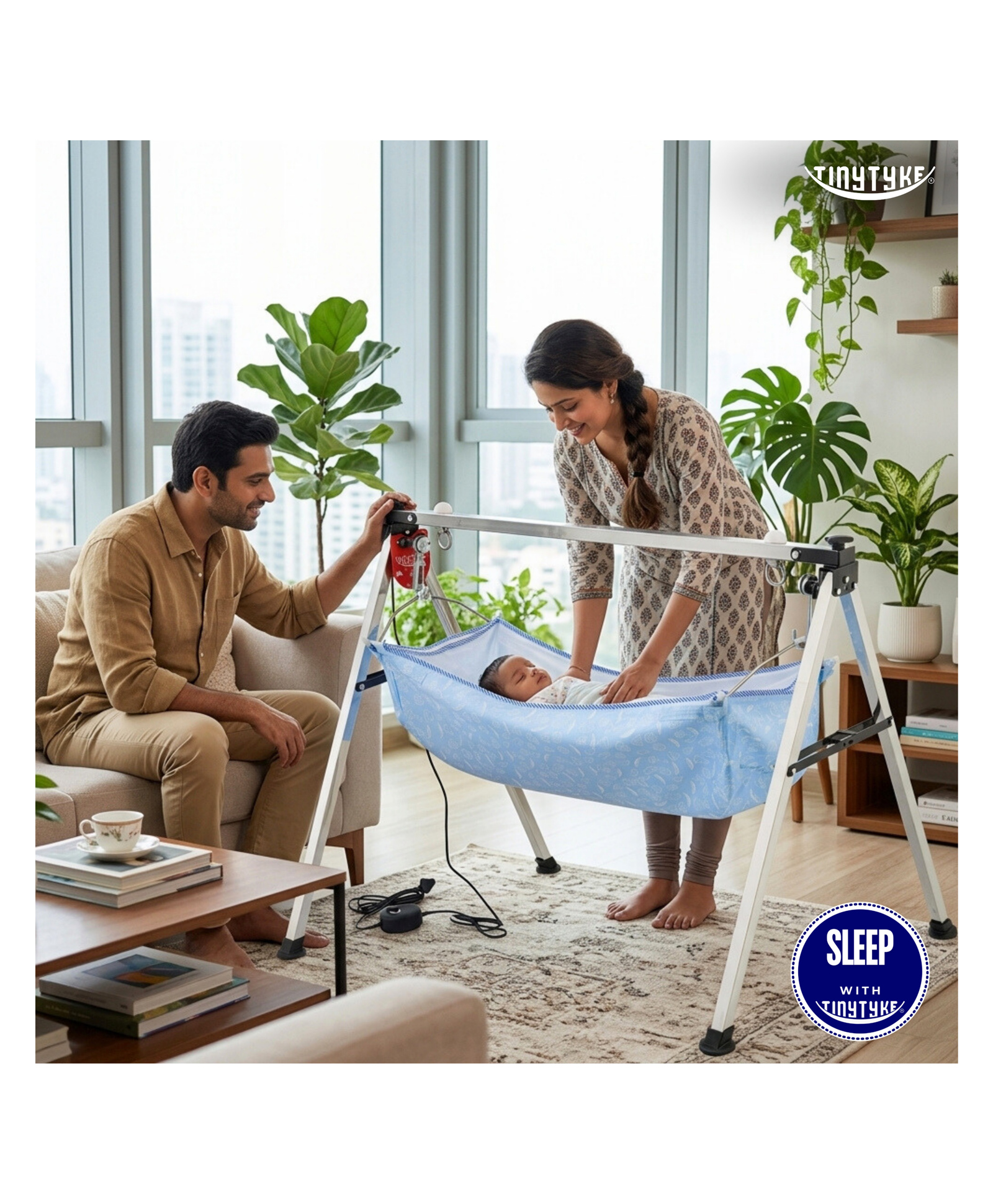 TinyTyke- Automatic Baby Cradle Square Pipe- Semi Foldable | With Warranty | Simple Hammock | Blue-image-14