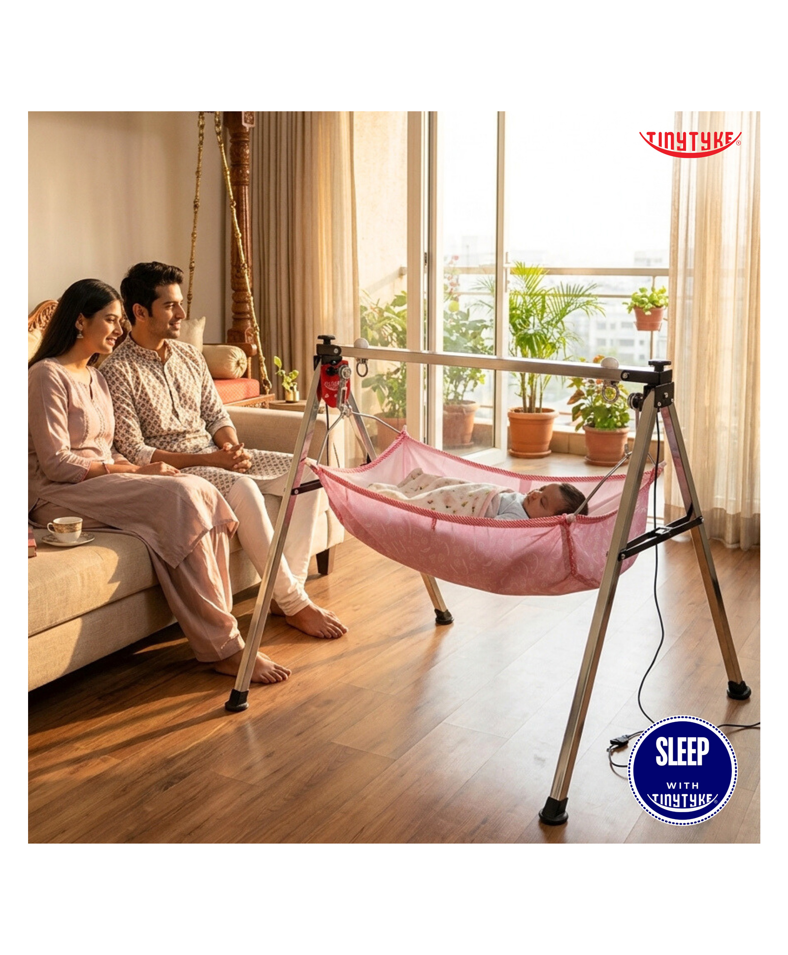 TinyTyke- Automatic Baby Cradle Square Pipe- Semi Foldable | With Warranty | Simple Hammock | Pink-image-18