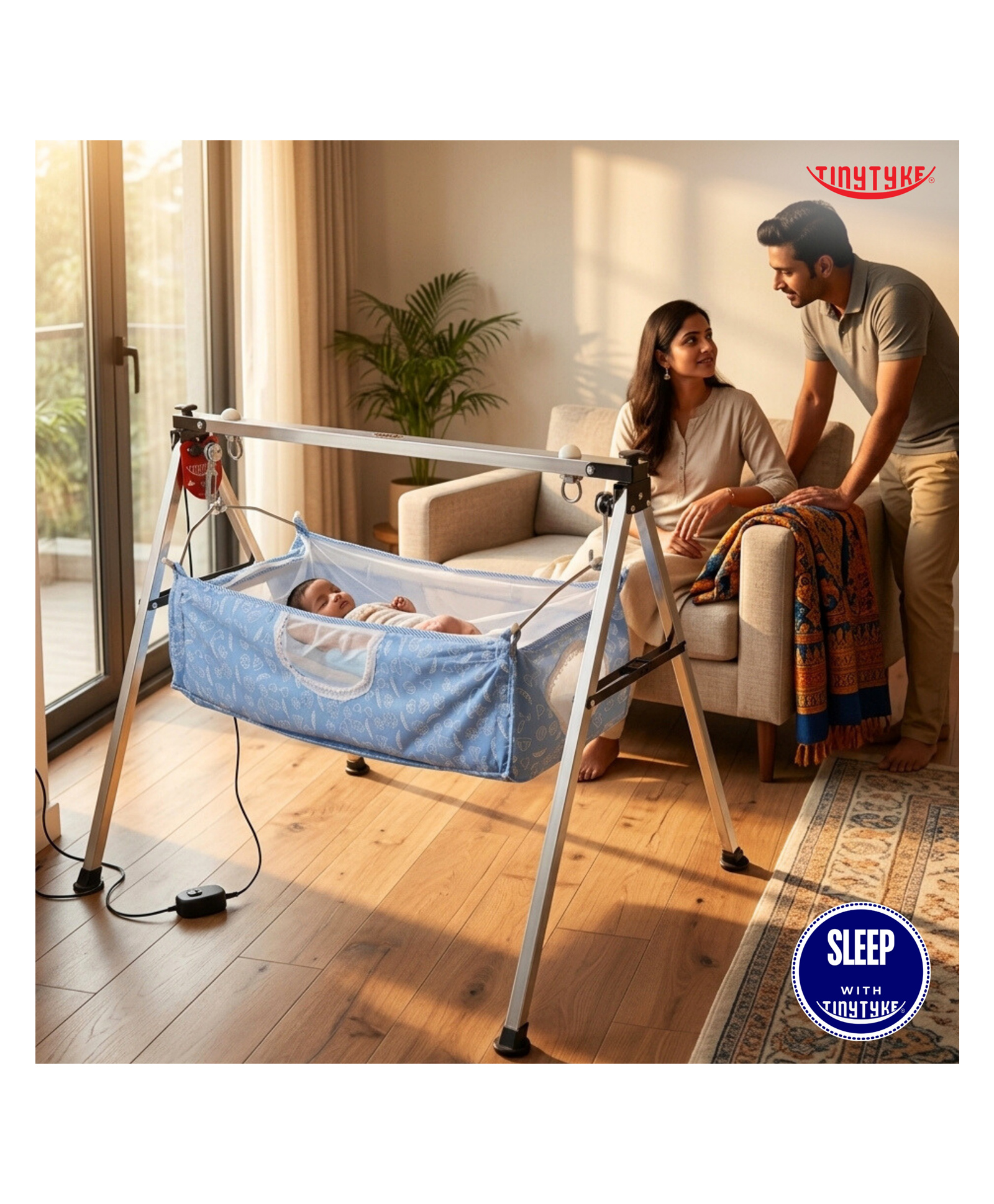 TinyTyke- Automatic Baby Cradle Square Pipe- Semi Foldable | With Warranty | Square Hammock with mattress | Blue-image-19