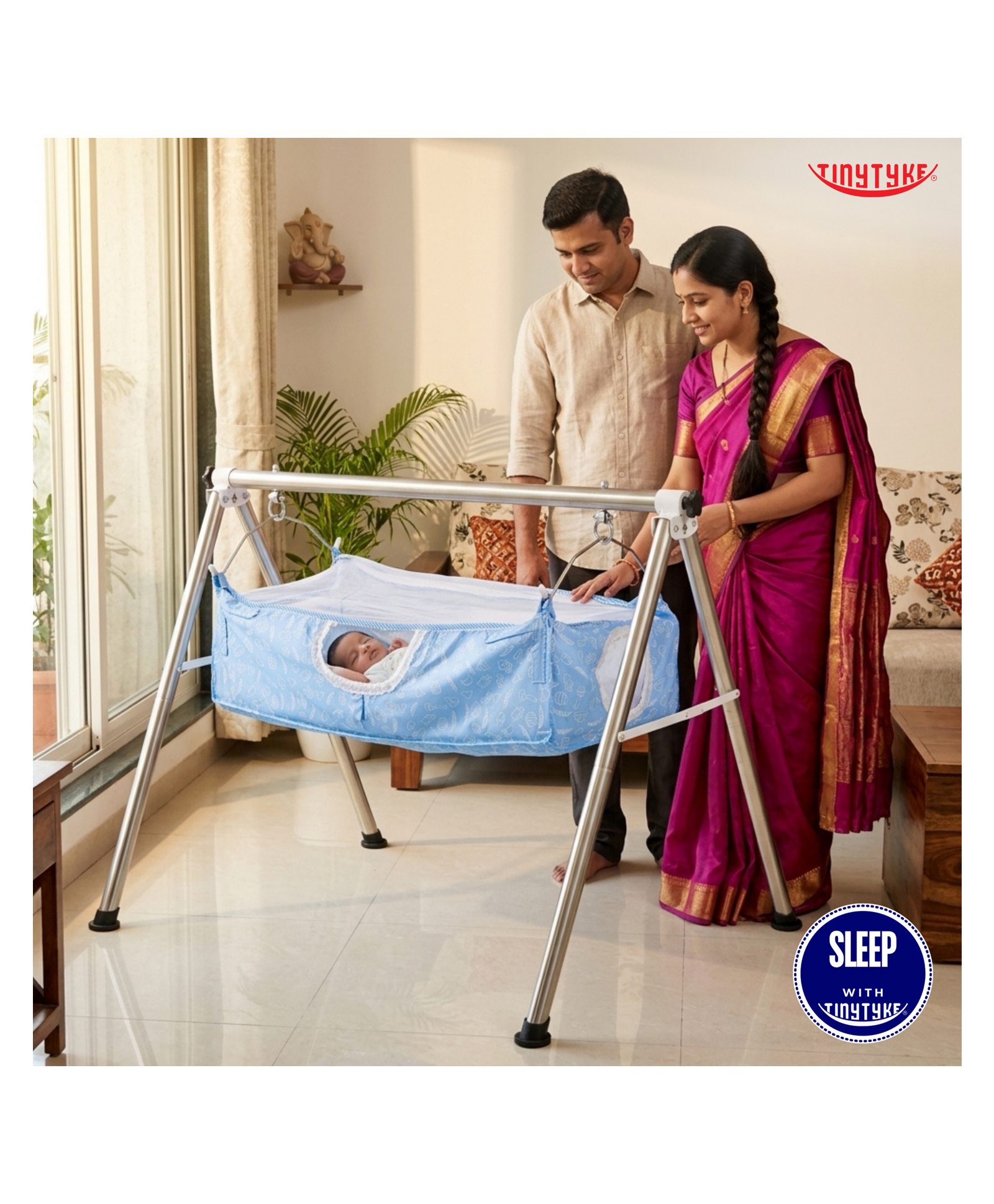 TinyTyke-Manual Baby Cradle Round Pipe - Fully Foldable | Square Hammock with Mattress | Blue-image-10