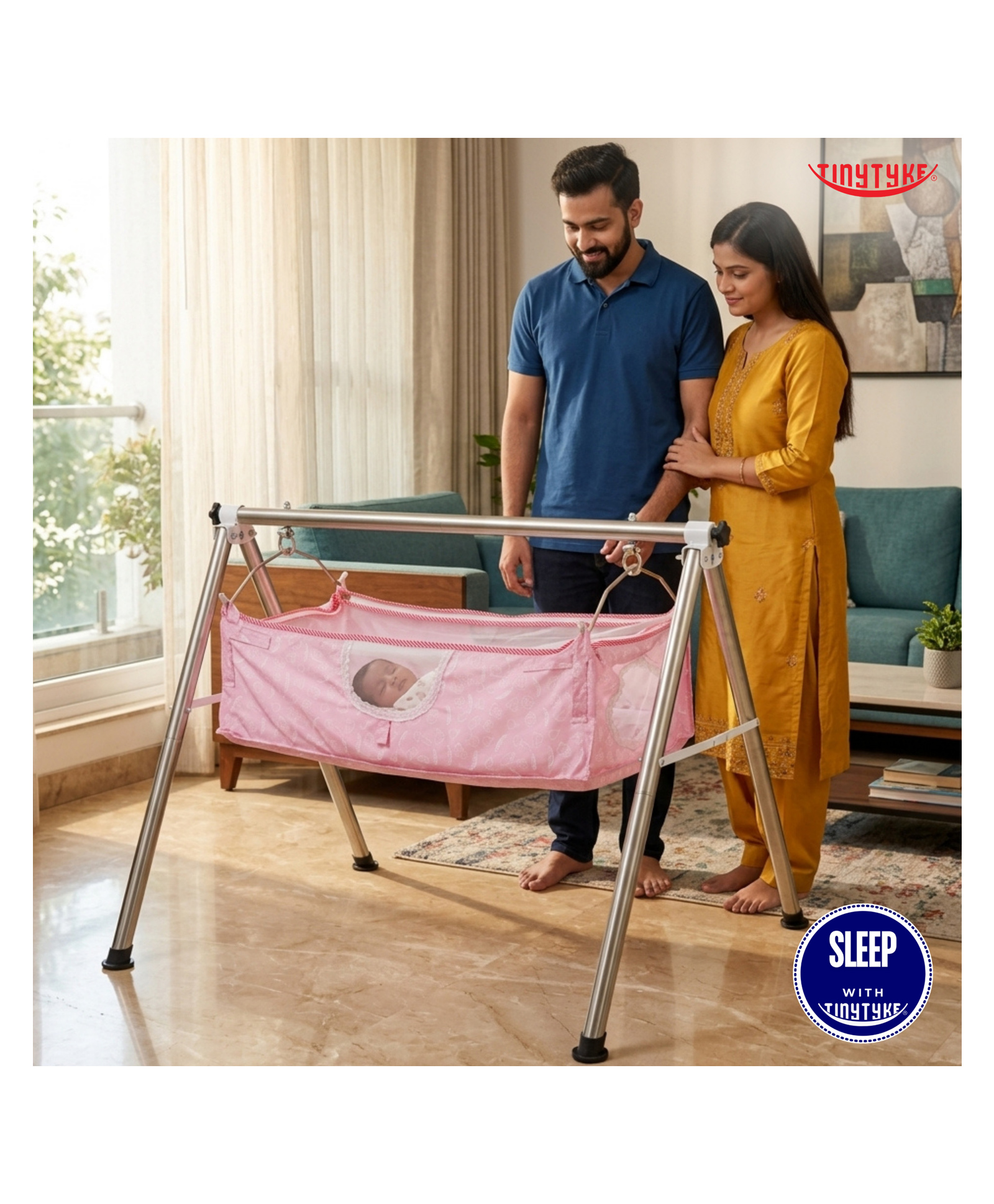 TinyTyke-Manual Baby Cradle Round Pipe - Fully Foldable | Square Hammock with Mattress | Pink-image-19